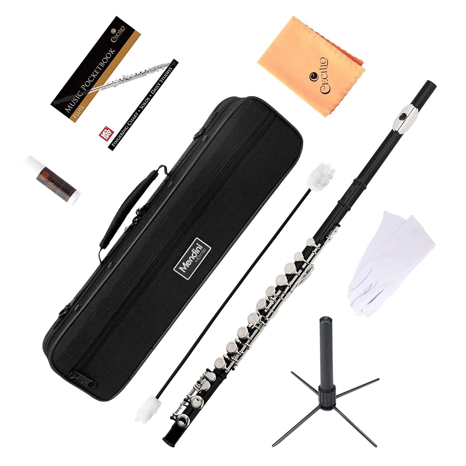 Mendini By Cecilio Flute, 16 Keys C Flute Instrument Closed Hole For Beginners with Carrying Case, Cork Grease, Stand, Lesson Book, Cleaning Kit, Gloves (Black)