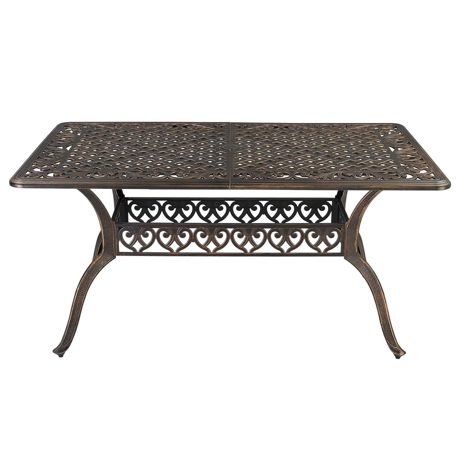 Outvita 59inch Patio Dinning Table, Outdoor Cast Aluminum Large Rectangle Table with Umbrella Hole and Antique Design for Backyard Pool Balcony Deck