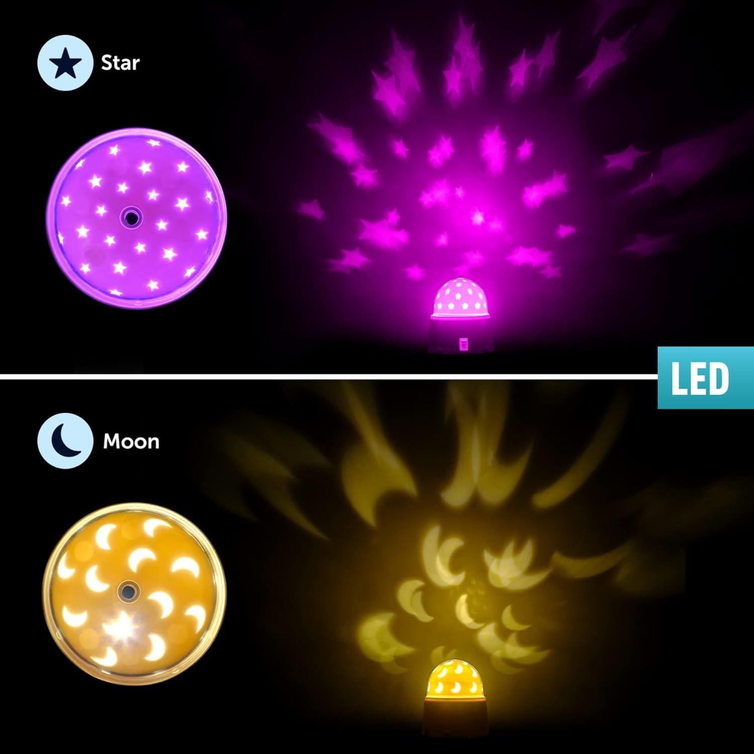 Globe Electric 13767 Rotating Projector Star and Moon LED Integrated Night Lights 2-Pack, 1x Star, 1x Moon, Battery Operated, 30 Min Timer, On/of Button, White Finish