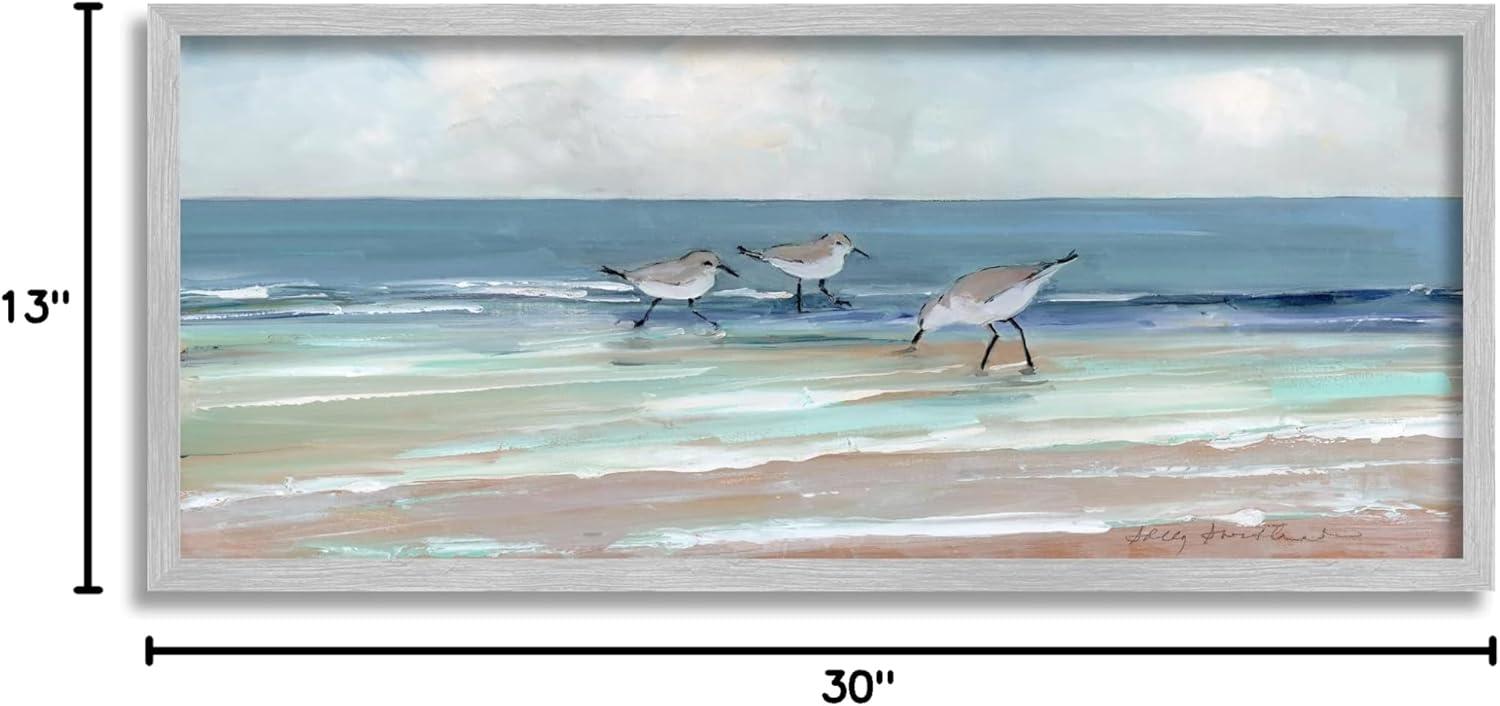 Stupell Industries Panoramic Sandpipers Birds Shoreline Ocean Landscape Painting Gray Framed Art Print Wall Art, 30x13, by Sally Swatland