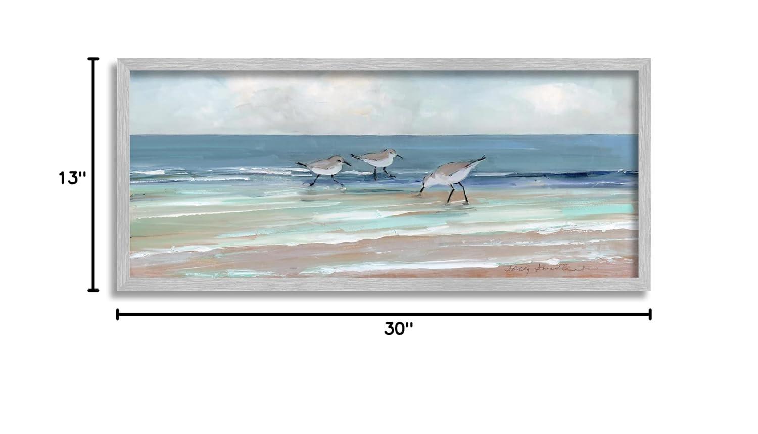 Stupell Industries Panoramic Sandpipers Birds Shoreline Ocean Landscape Painting Gray Framed Art Print Wall Art, 30x13, by Sally Swatland