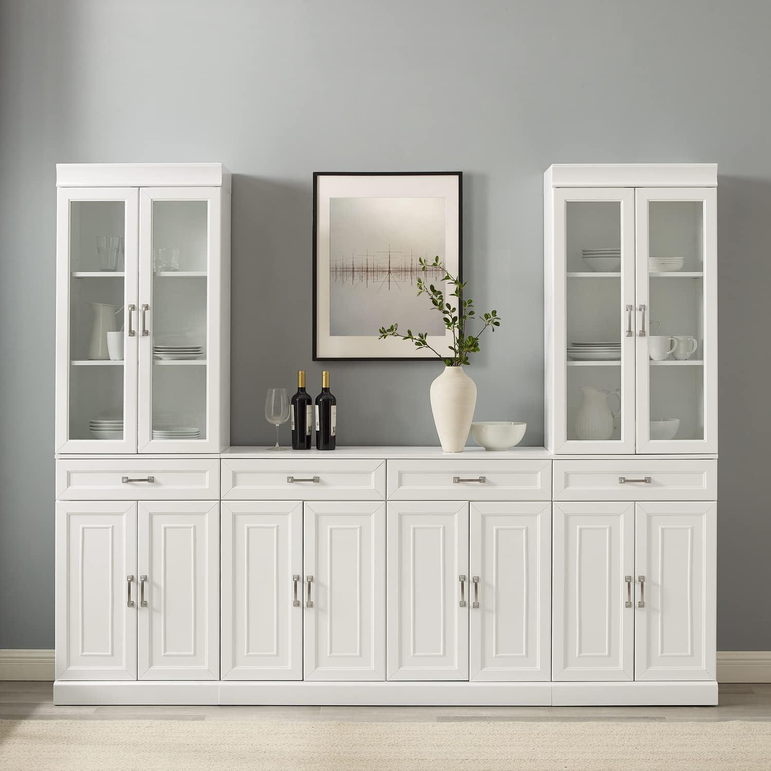 White 3-Piece Sideboard and Glass Door Pantry Set with Adjustable Shelves