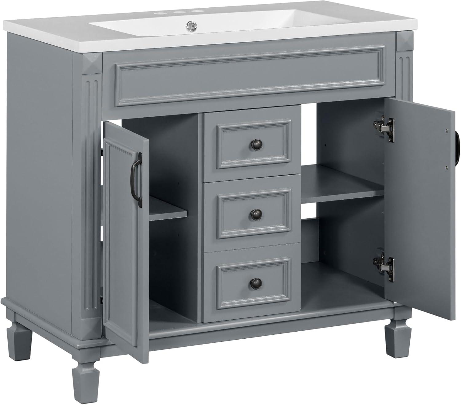 36'' Bathroom Vanity with Top Sink, 2 Soft Closing Doors & 2 Drawers, Modern  Freestanding Bathroom Storage Cabinet with Water-Resistant Paint, Grey