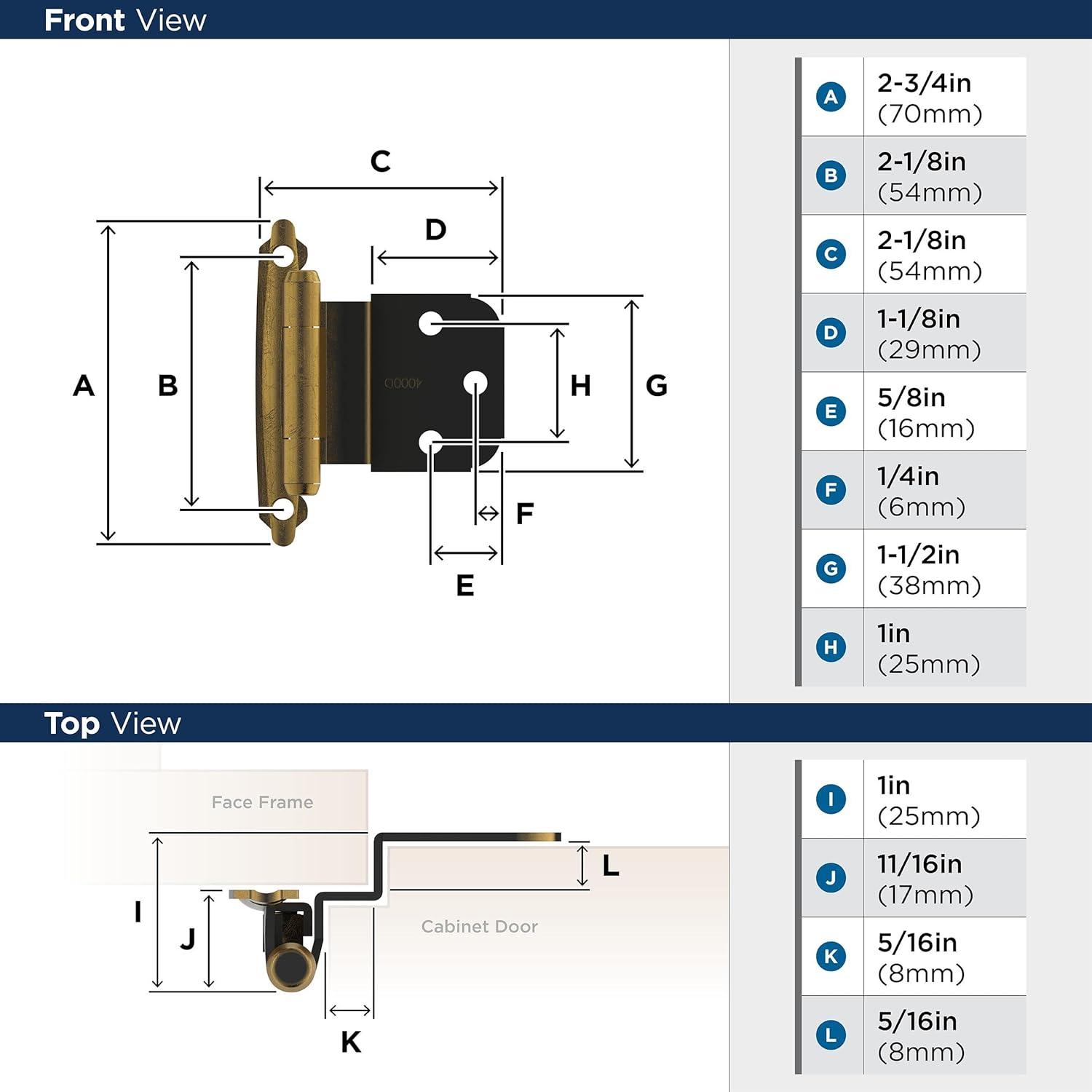 Antique Brass Self-Closing Cabinet Door Hinges, 2 Pack