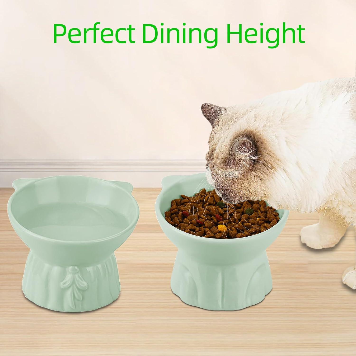 2Pcs Ceramic Elevated Cat Bowls, Extra Wide Raised Cat Bowls for Food and Water, Shallow Cat Food Dish Whisker Friendly, Great Height for Cat (Green)