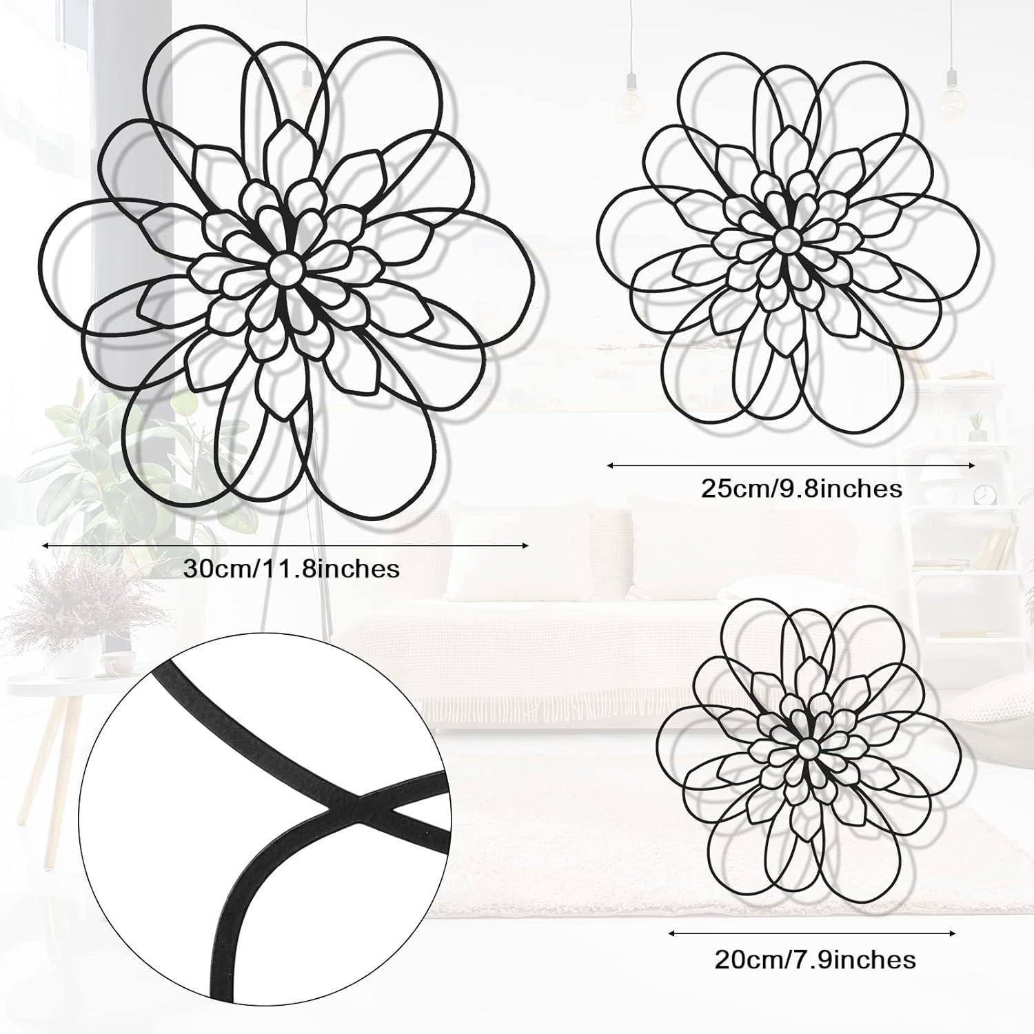 3 Pieces Metal Wall Art Metal Flower Wall Sculpture Metal Flower Wall Art for Home Bedroom Living Room Bathroom Kitchen Office Garden Hotel Wall Decoration, 3 Sizes (Black)