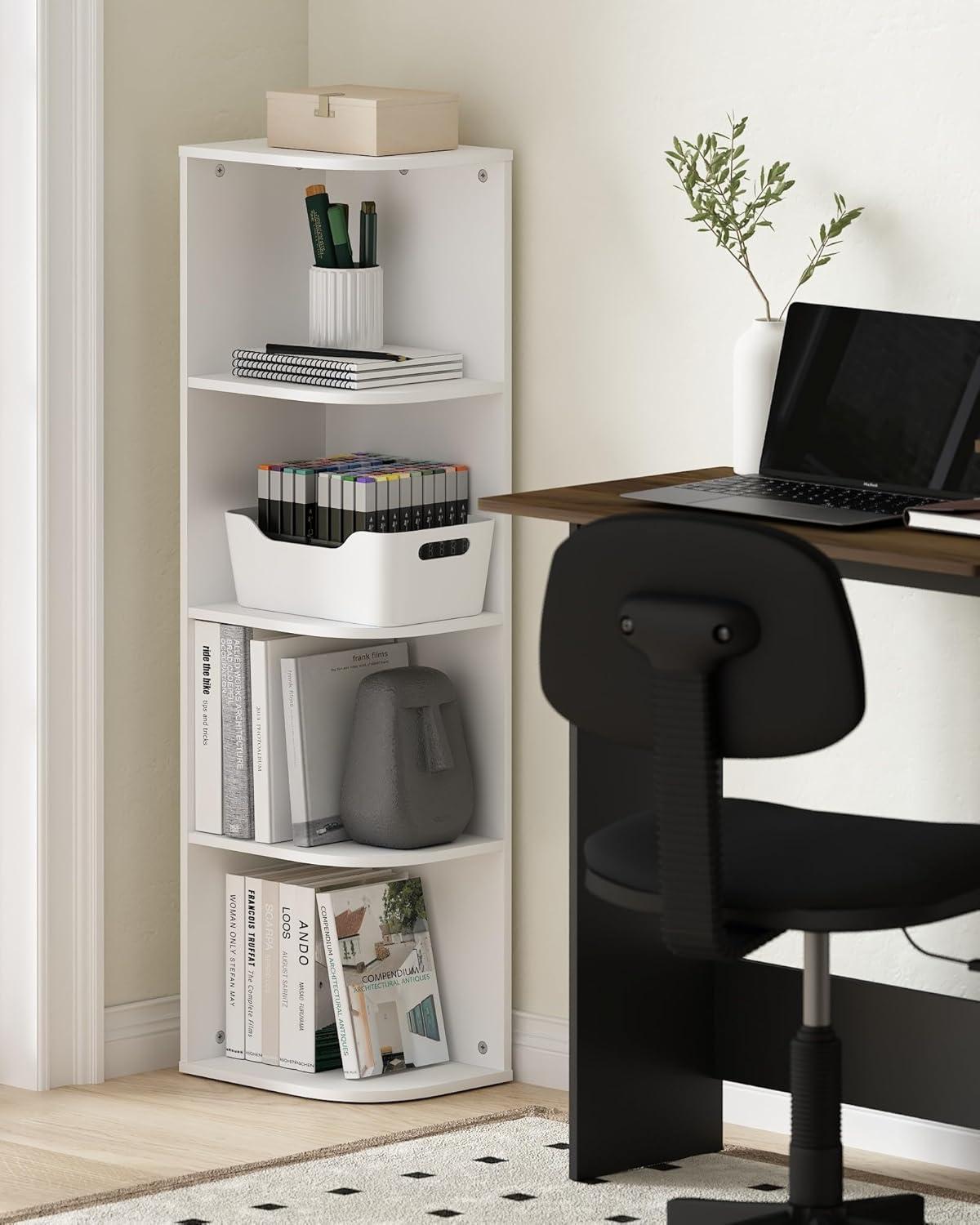 White Composite Wood 4-Tier Corner Bookcase