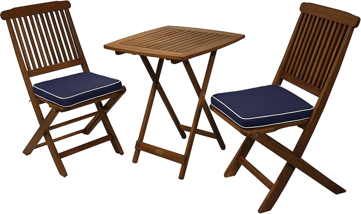 Outdoor Interiors Eucalyptus Wood 3-Piece Square Foldable Bistro Outdoor Furniture Patio Set, Table and 2 Chairs with Cushions, Blue