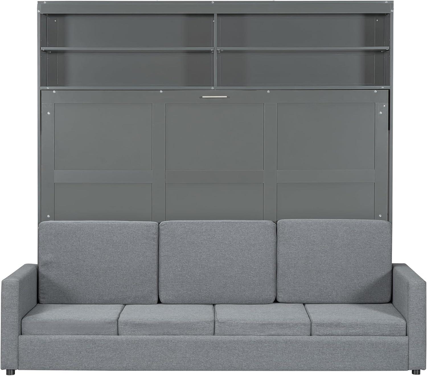 Harper & Bright Designs Queen Size Murphy Bed with Cushion and Storage Shelves, Wood Queen Platform Bed with Sofa, Wall Bed, Hidden Foldable Bed Frame for Home Office or Small Room,Gray