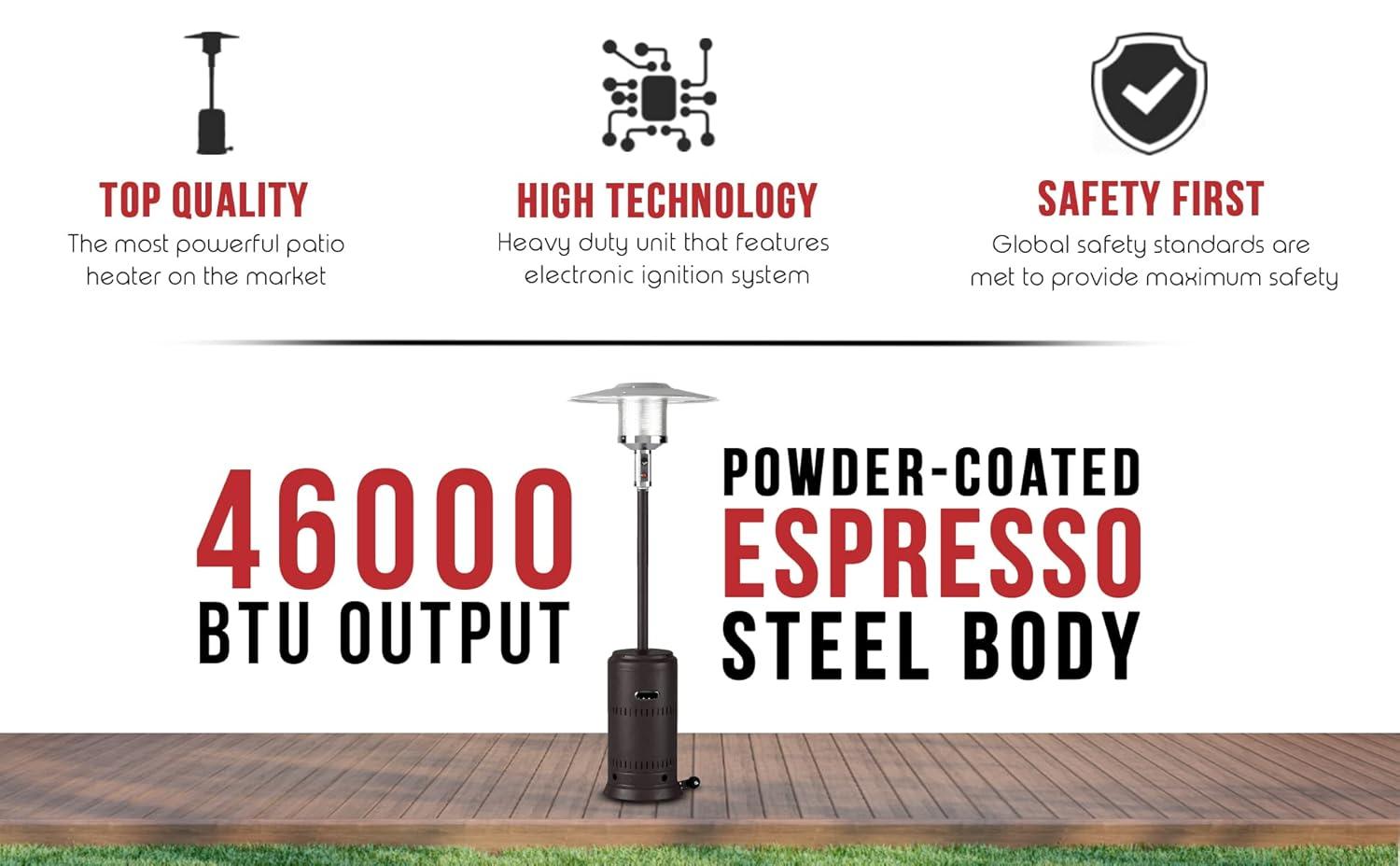 Fire Sense 01775 Performance Series Patio Heater With Wheels 50,000 BTU Output Electronic Ignition System Portable Outdoor Propane Heater - Unpainted Stainless Steel