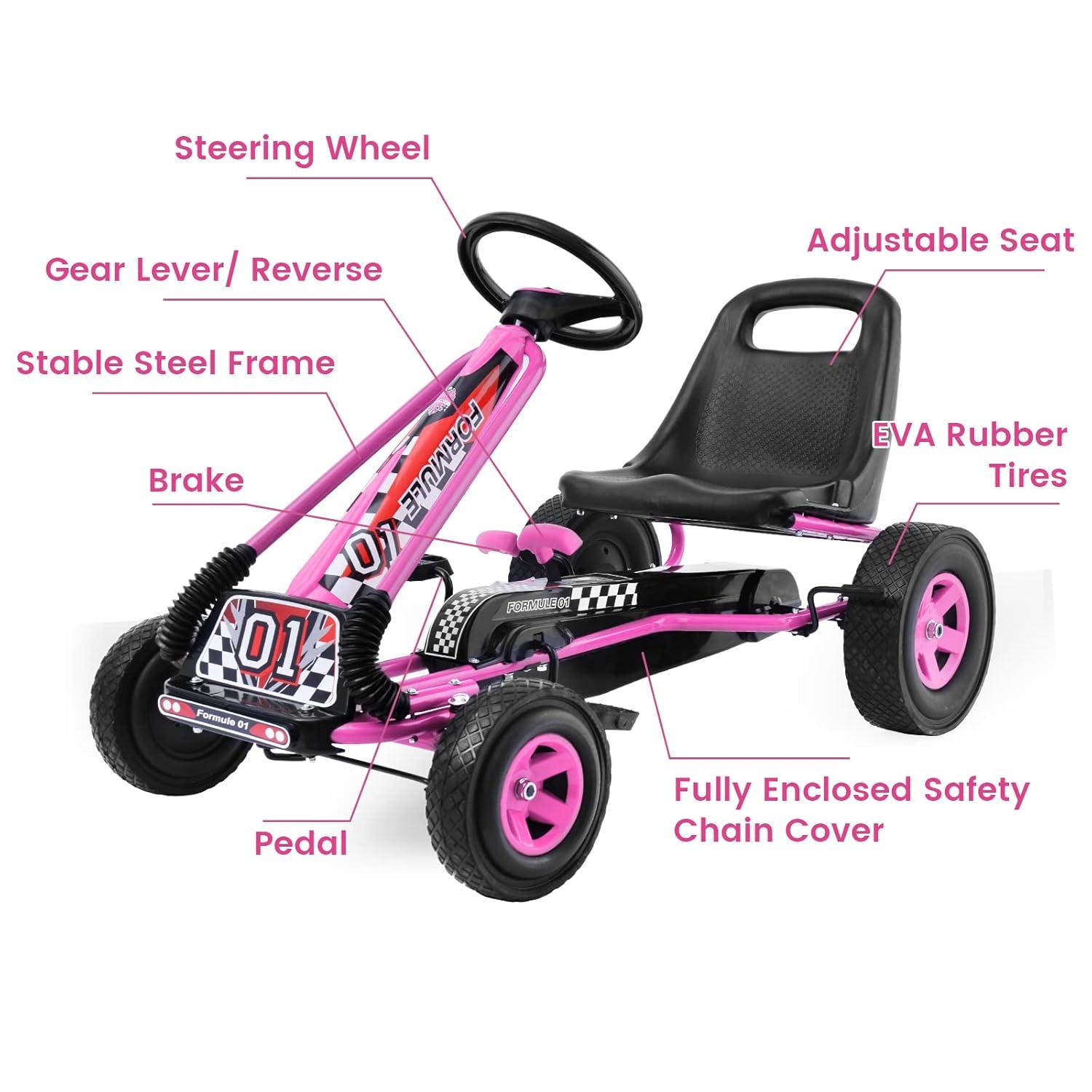 Costway Go Kart 4 Wheel Pedal Powered Kids Ride On Toy with Adjustable Seat Pink