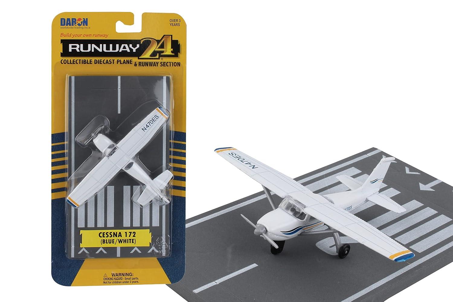 Cessna 172 Aircraft White with Blue and Yellow Stripes "N470ES" with Runway Section Diecast Model Airplane by Runway24