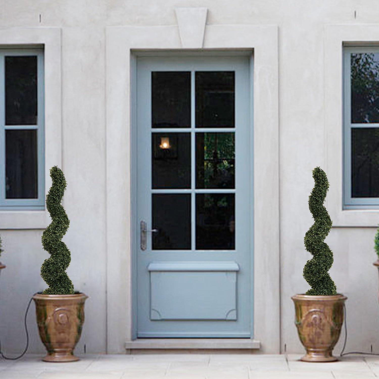 Goplus 4FT Artificial Spiral Boxwood Topiary Tree, 2 Pack Greenery Large Faux Plant in Cement-Filled Plastic Pot, Tall Fake Plant for Indoor Outdoor Home Front Porch Decor