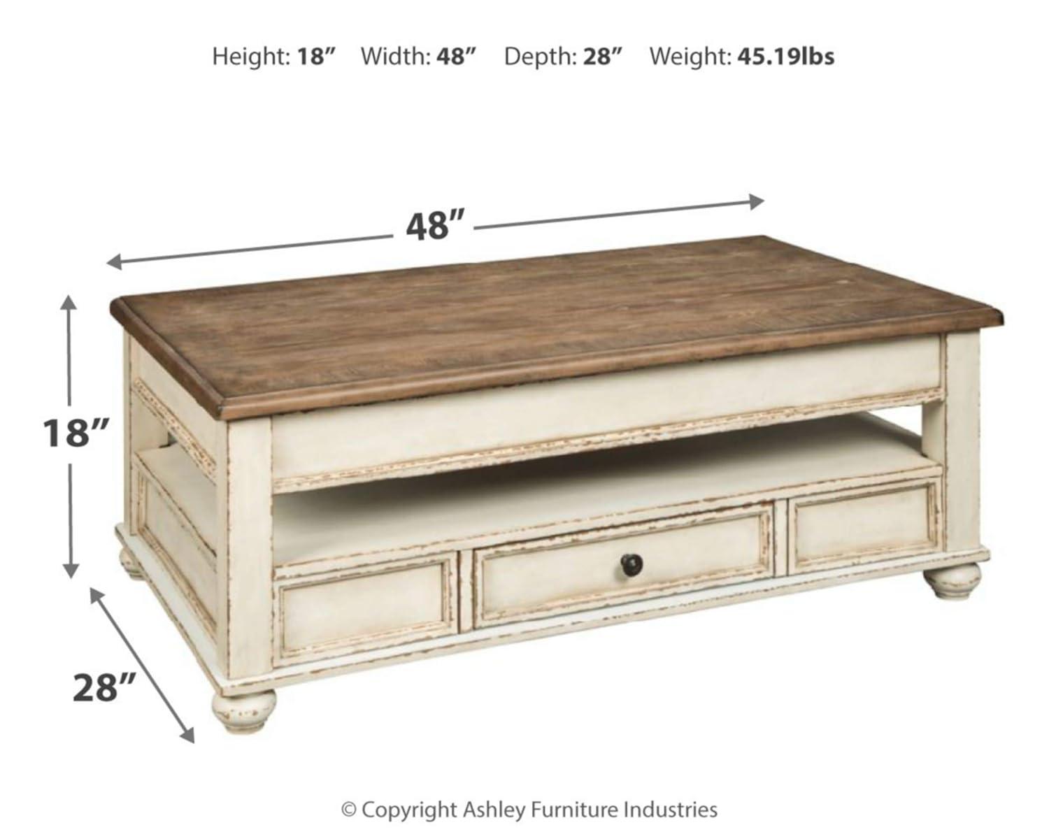 Realyn Coffee Table with Lift Top White/Brown - Signature Design by Ashley: Mid-Century Style, Storage, Wood Legs