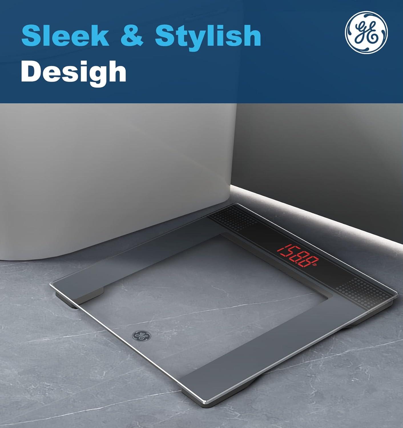 GE Bathroom Scale for Body Weight: Highly Accurate Digital Scale Weighing Machine with Clear Tempered Glass, 11.8" Large Platform, Compact Design, LED Display, 400 lbs, 4 Units, with Body Tape Measure