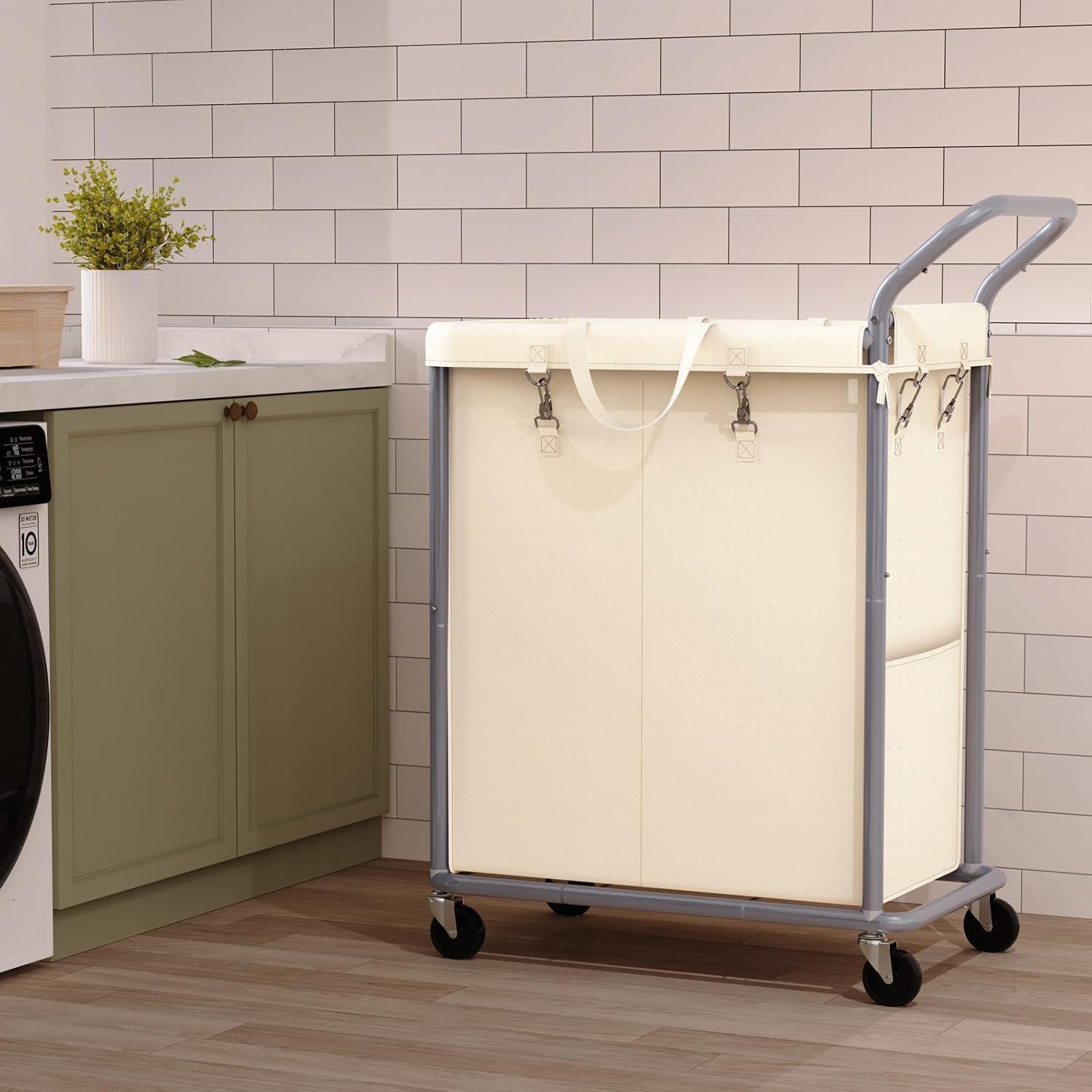 Beige 140L Rolling Laundry Sorter with Steel Frame and Removable Liner