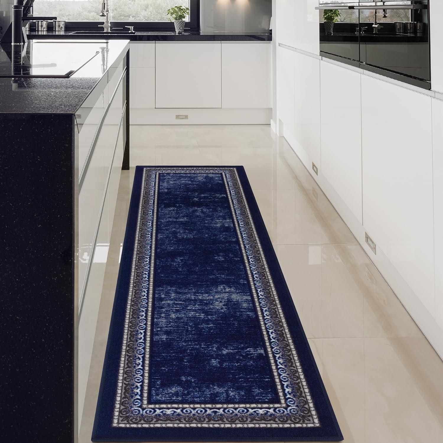 Antep Rugs Alfombras Bordered Modern 2x7 Non-Slip (Non-Skid) Low Pile Rubber Backing Indoor Area Runner Rug (Navy, 2' x 7')