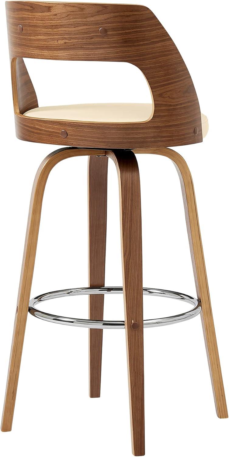 Cream Faux Leather and Walnut Wood Swivel Bar Stool