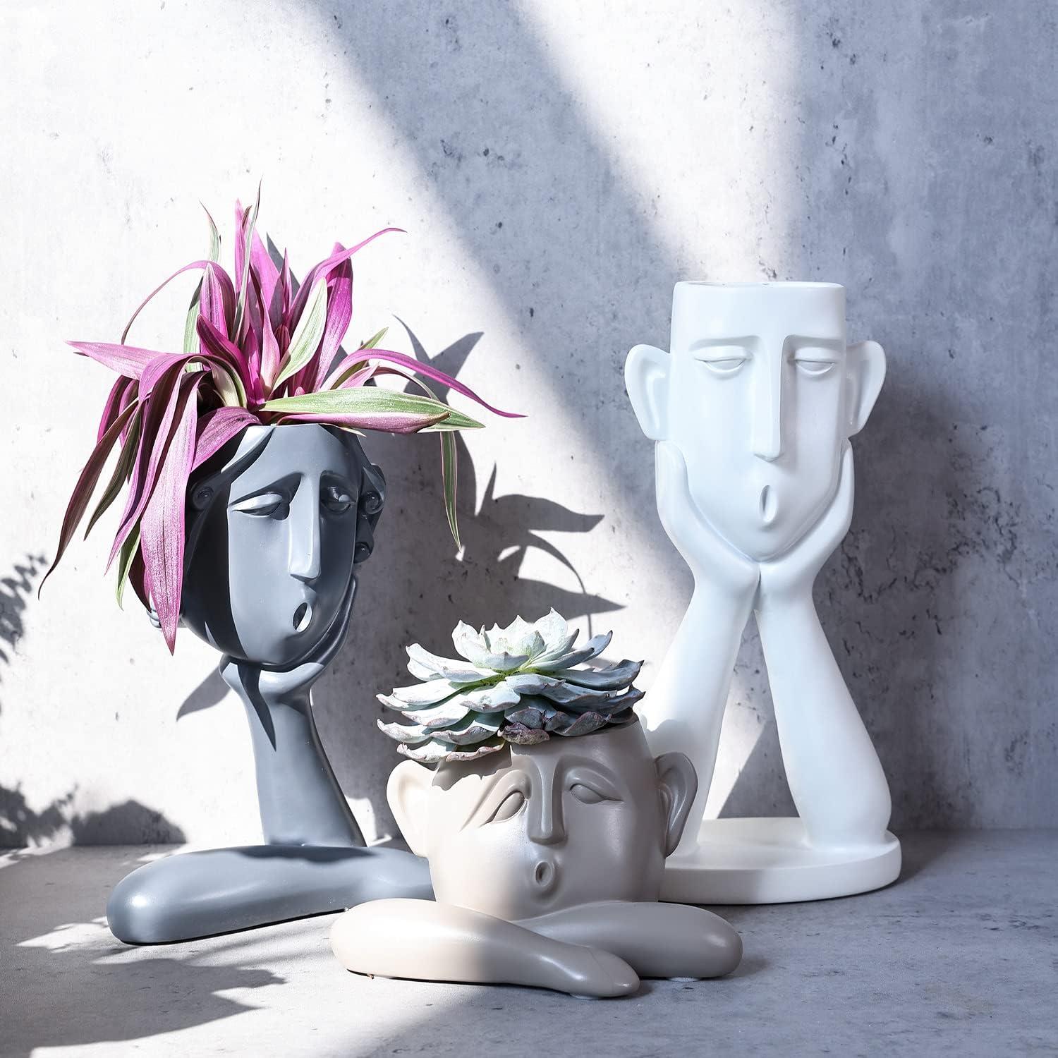 Set of 3 White Khaki Grey Resin Face Planters