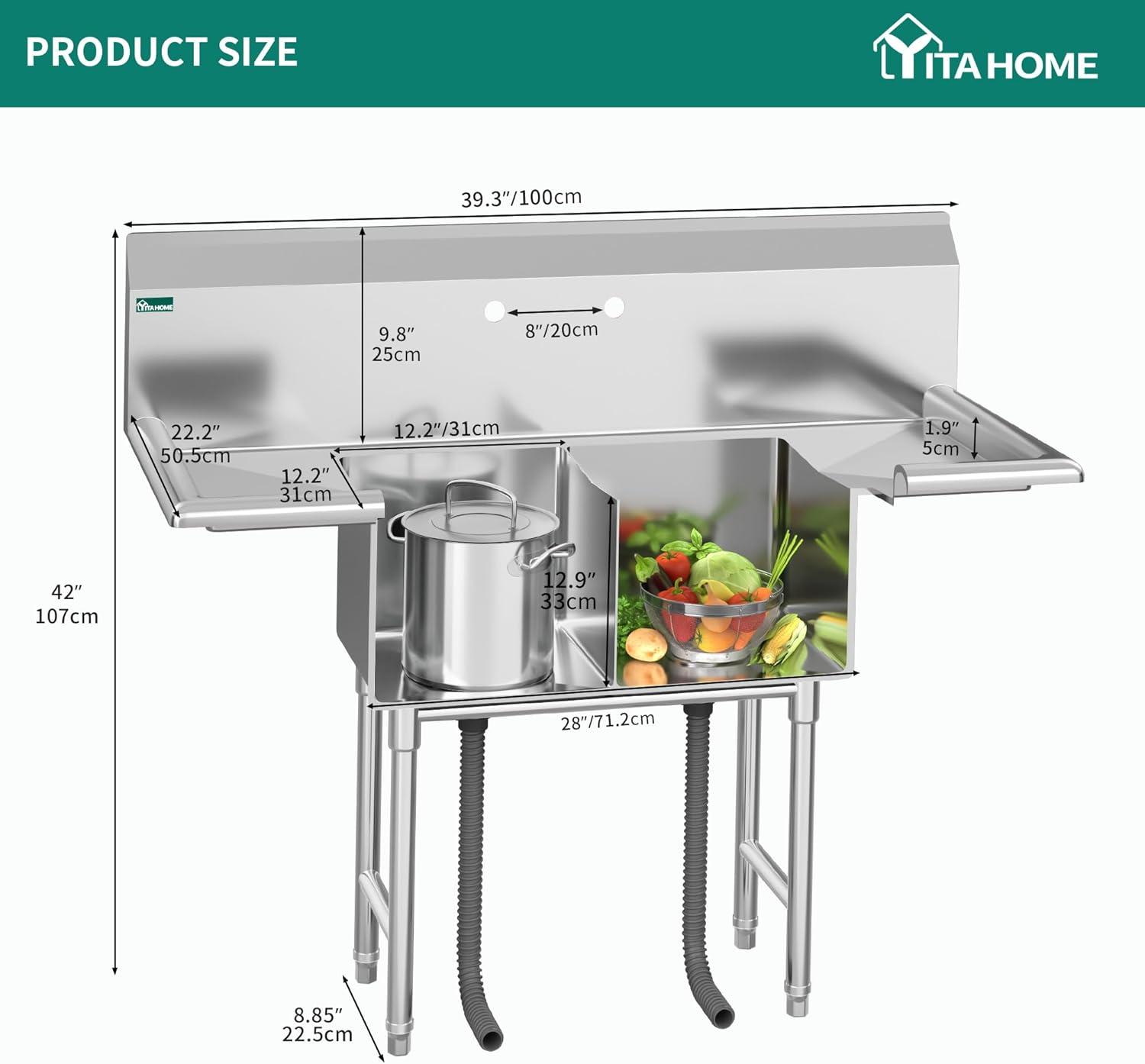 Stainless Steel Freestanding 2-Compartment Sink with Double Drainboard