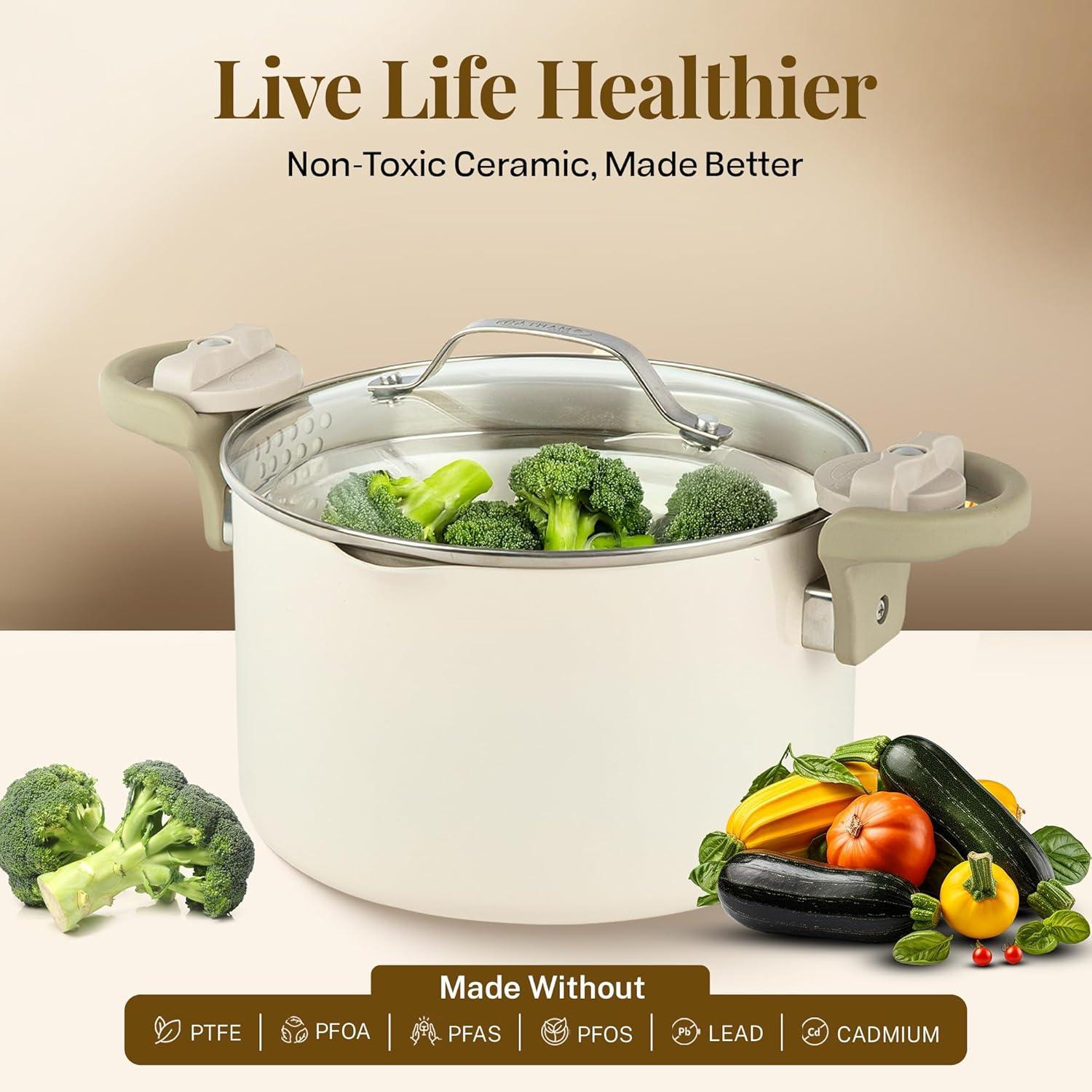 Gotham Steel Naturals Cream Ultra Nonstick Ceramic 5 Qt Pasta Pot with Strainer and Twist & Lock Handles