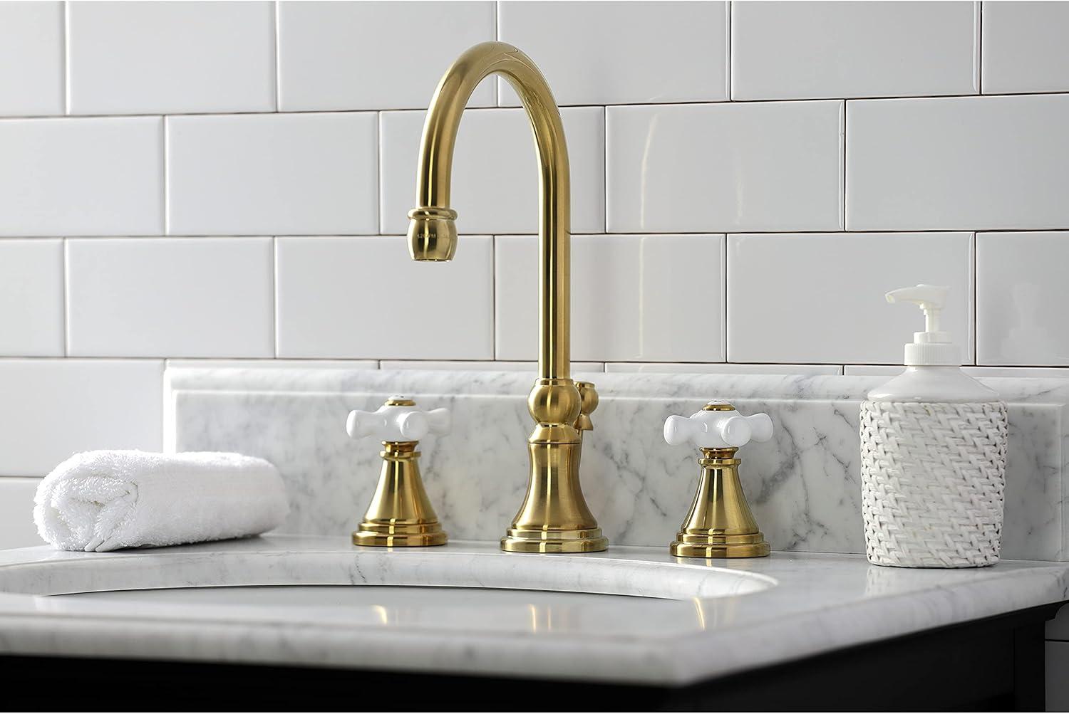 Kingston Brass Governor Two-Handle 3-Hole Deck Mount Widespread Bathroom Faucet with Brass Pop-Up Drain