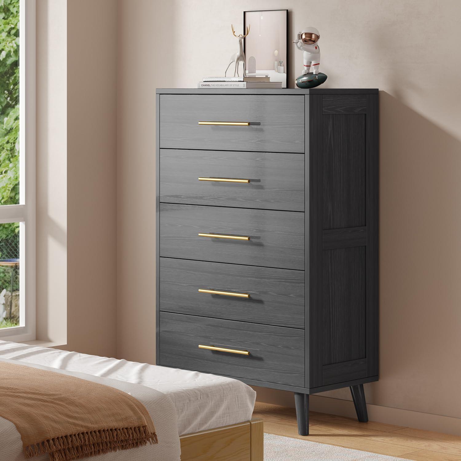 Black Tall 5-Drawer Wood Dresser with Gold Handles