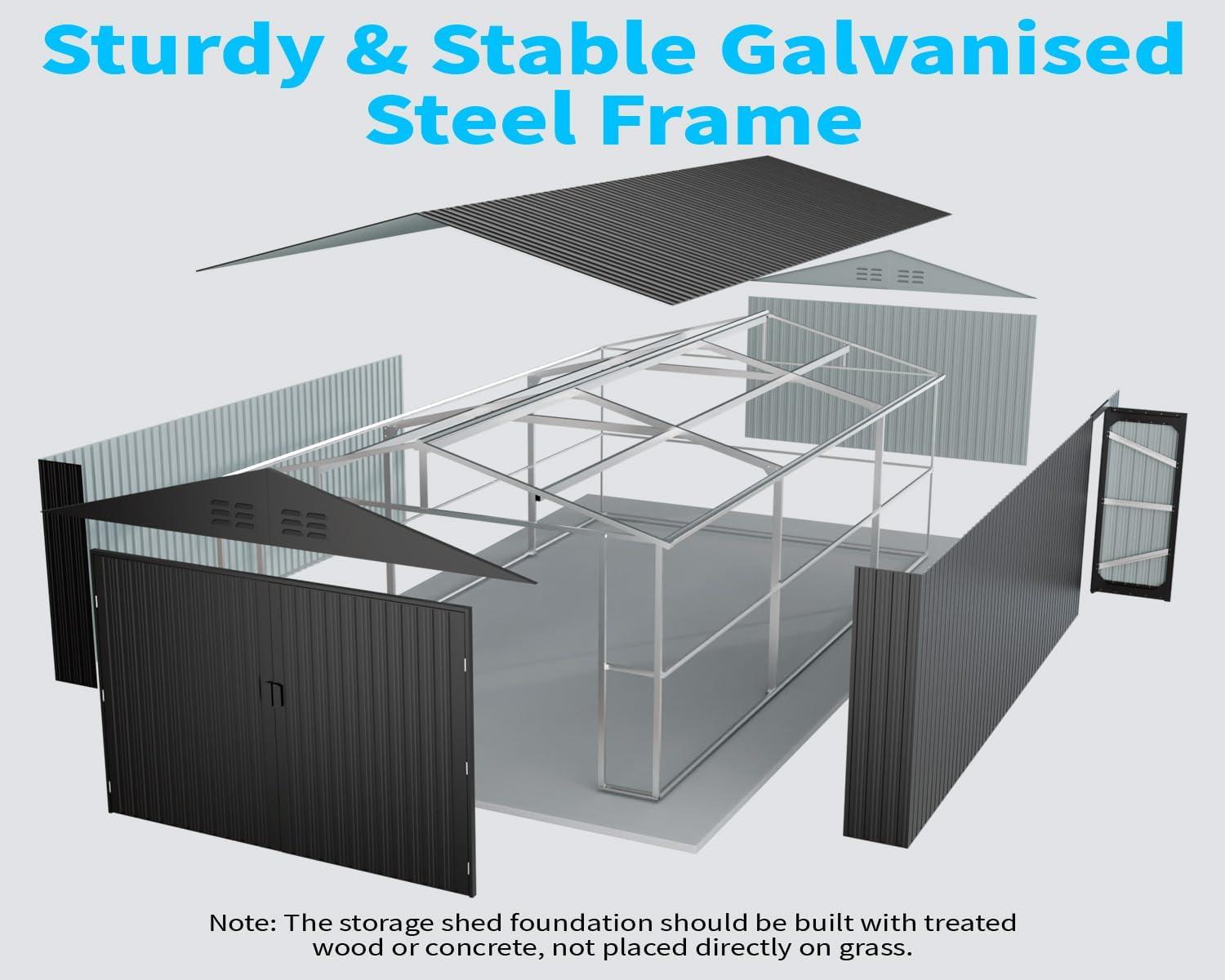 20 x 10 FT Outdoor Storage Shed, Large Metal Garden Shed with 2 Lockable Doors, Tool Shed Outdoor Storage with 4 Air Vents, Garage Shed Waterproof for Car, Truck, Bike, Garbage Can, Tool, Dark Gray