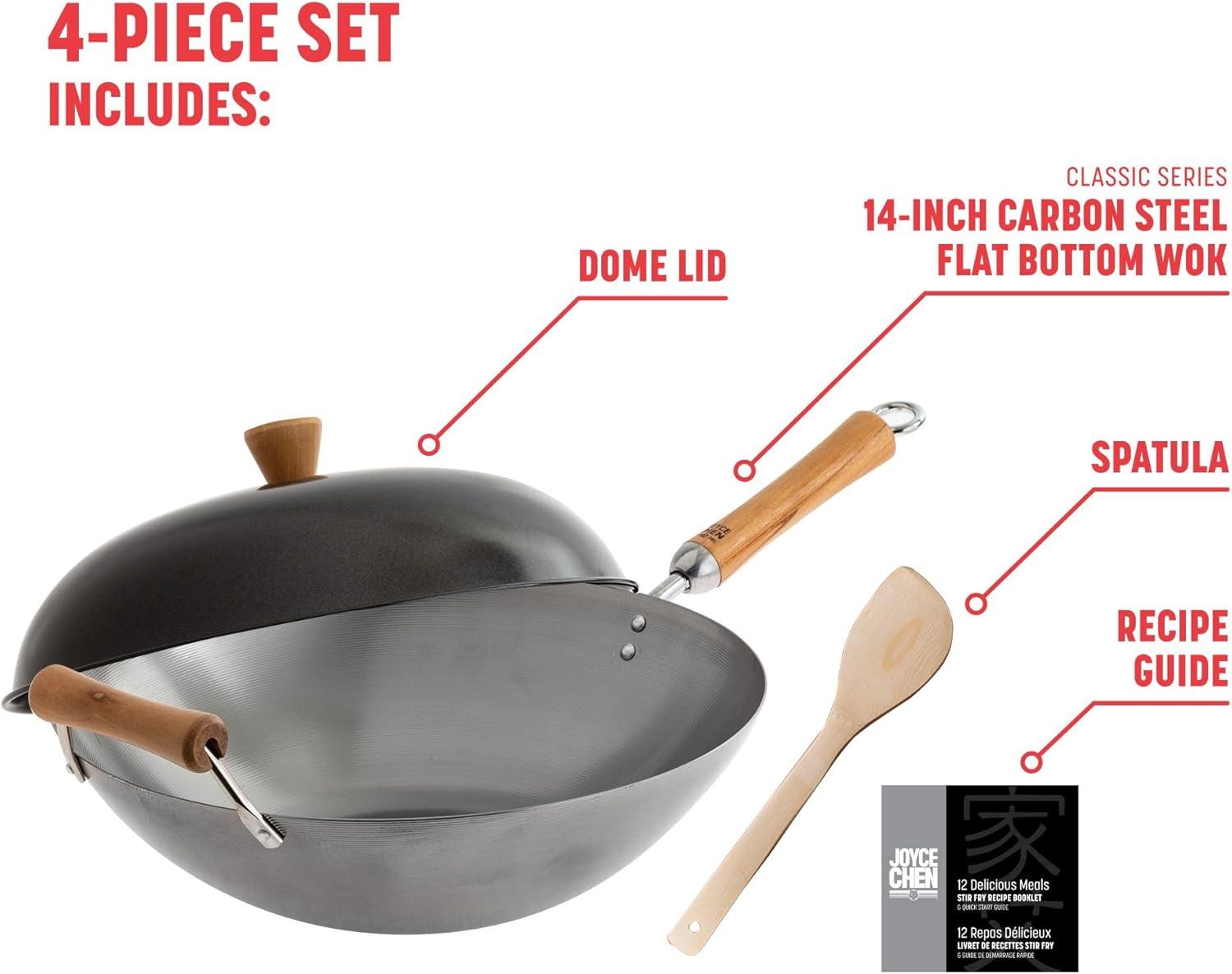 Joyce Chen Classic Series Uncoated Carbon Steel Wok Set with Lid and Birch Handles, 4 Pieces, 14-in., J21-9972