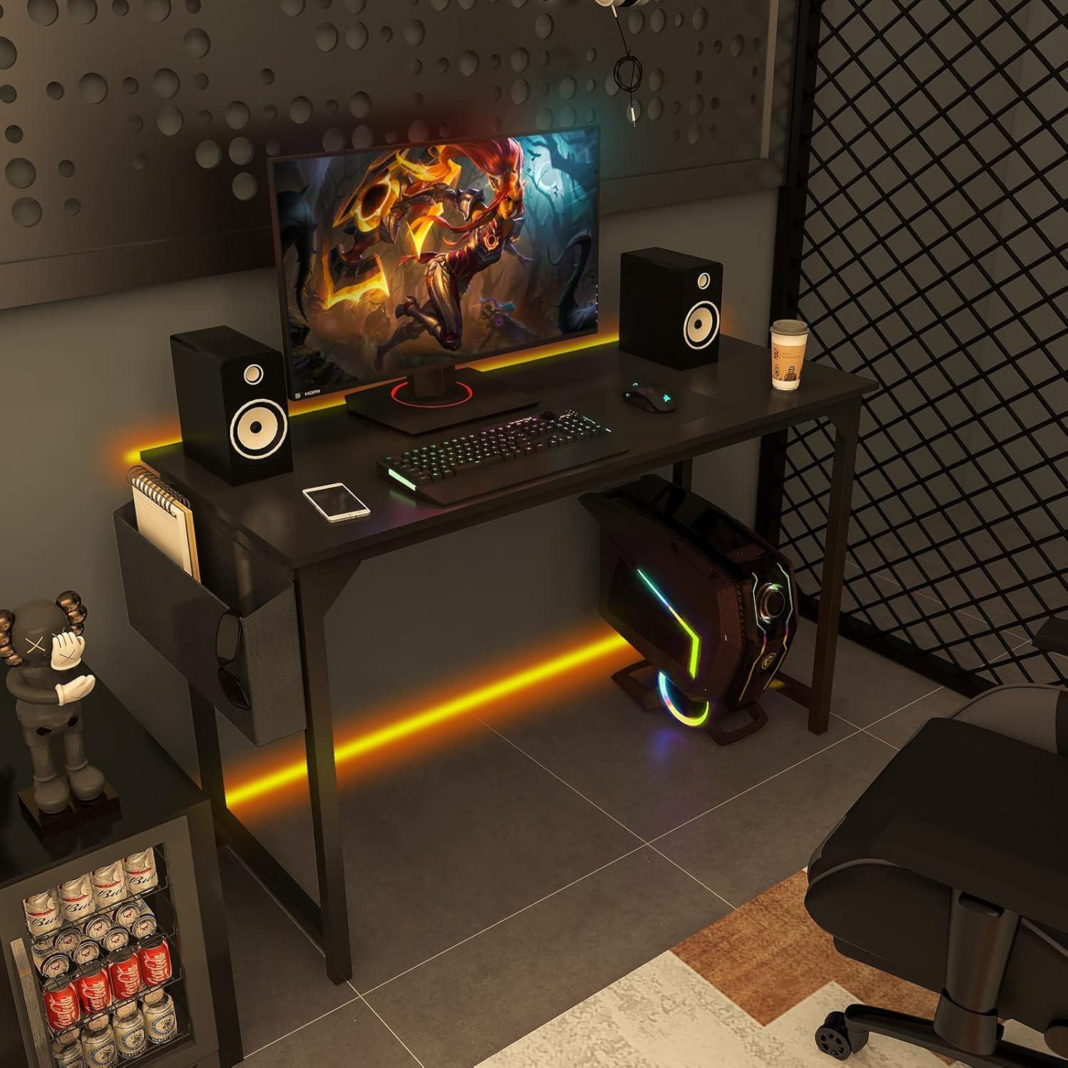 Sweetcrispy Small Computer Office Desk 40 Inch Kids Student Study Writing Work with Storage Bag & Headphone Hooks Modern Simple Home Bedroom PC Table - Black