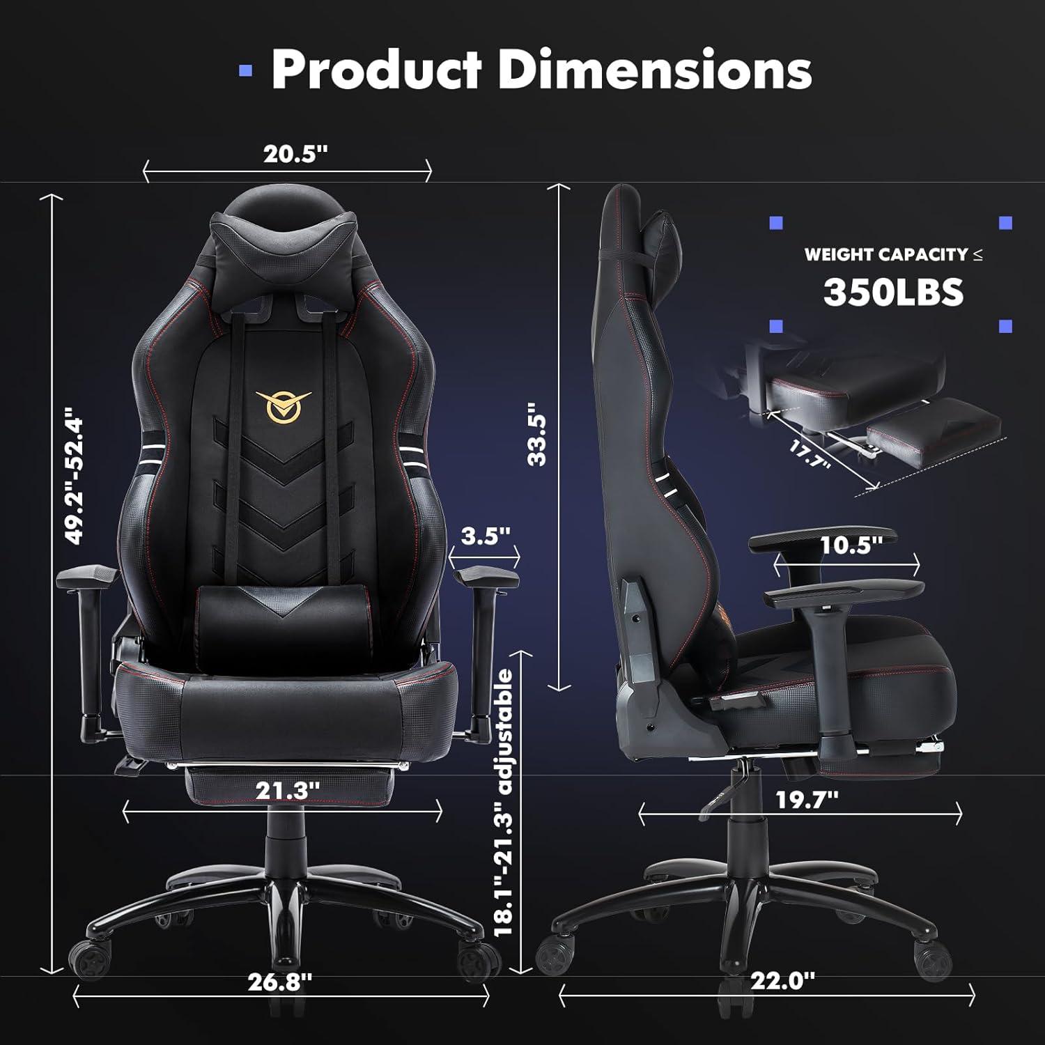 Big and Tall Gaming Chair with Footrest 350lbs-Racing Style Computer Gamer Chair, Ergonomic High Back PC Chair with Wide Seat, Reclining Back, 3D Armrest, Headrest and Lumbar Support for Adult-Black