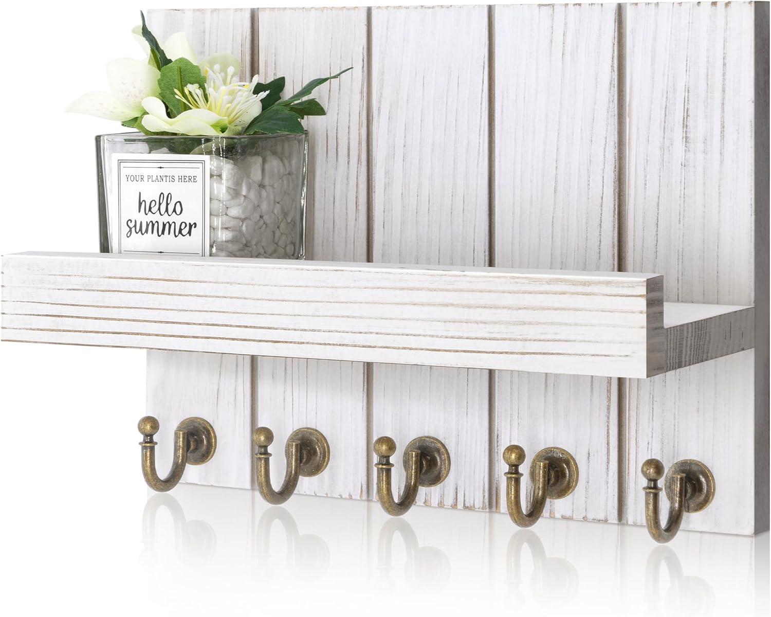 Rebee Vision Key Holder Wall Mount - Decorative Key and Mail Organizer for Wall with Shelf - Entryway and Living Room Decor(White)