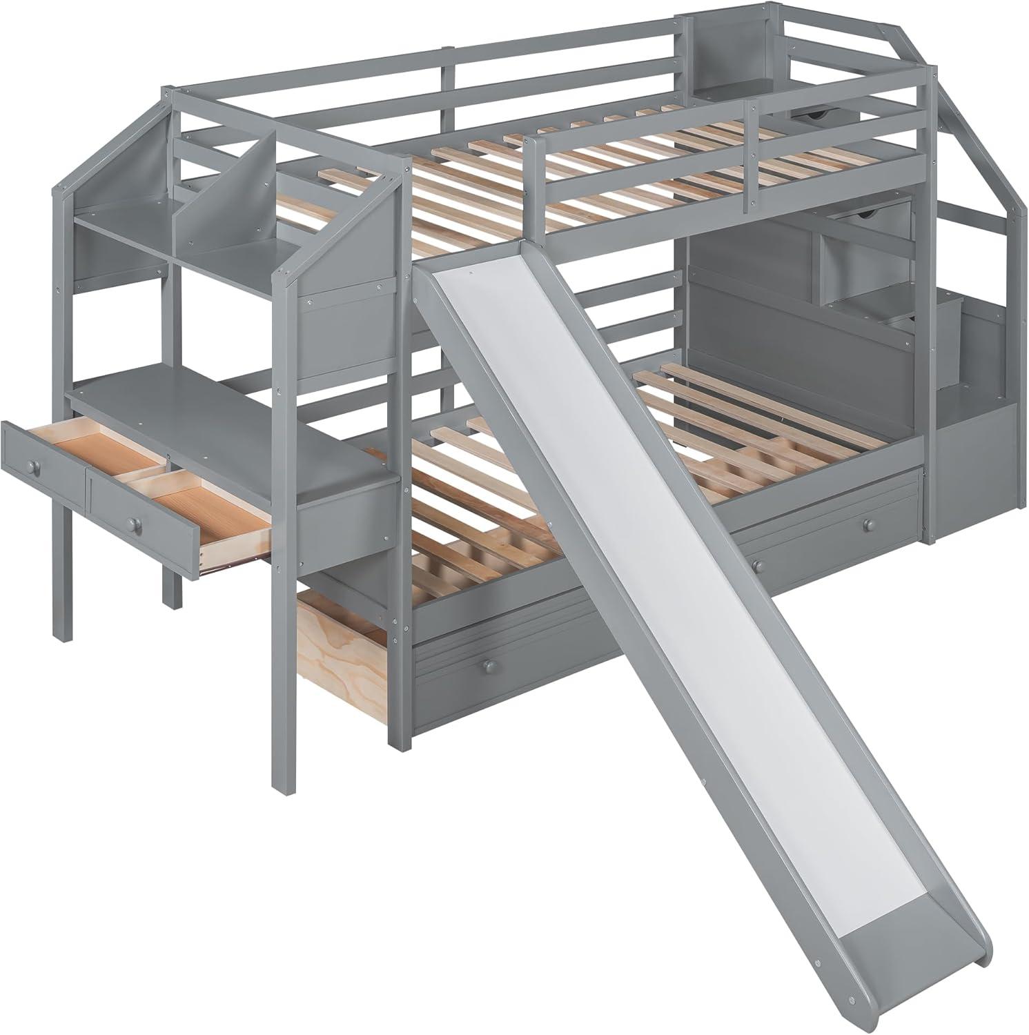 Bellemave Bunk Bed with Desk, Stairs and Slide, Wood Twin Over Twin Bunk Beds with Storage Shelves, Drawers for Kids Teens Girls Boys (Grey)