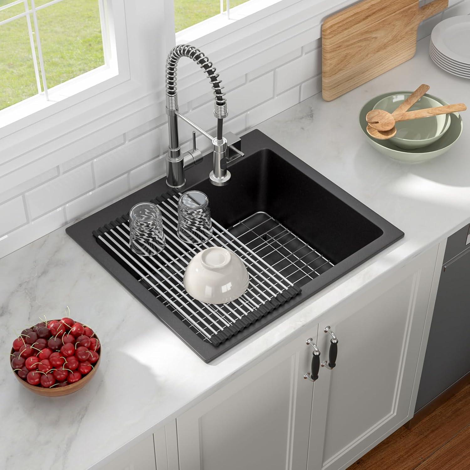 25x22 Inch Black Granite Composite Single Bowl Kitchen Sink