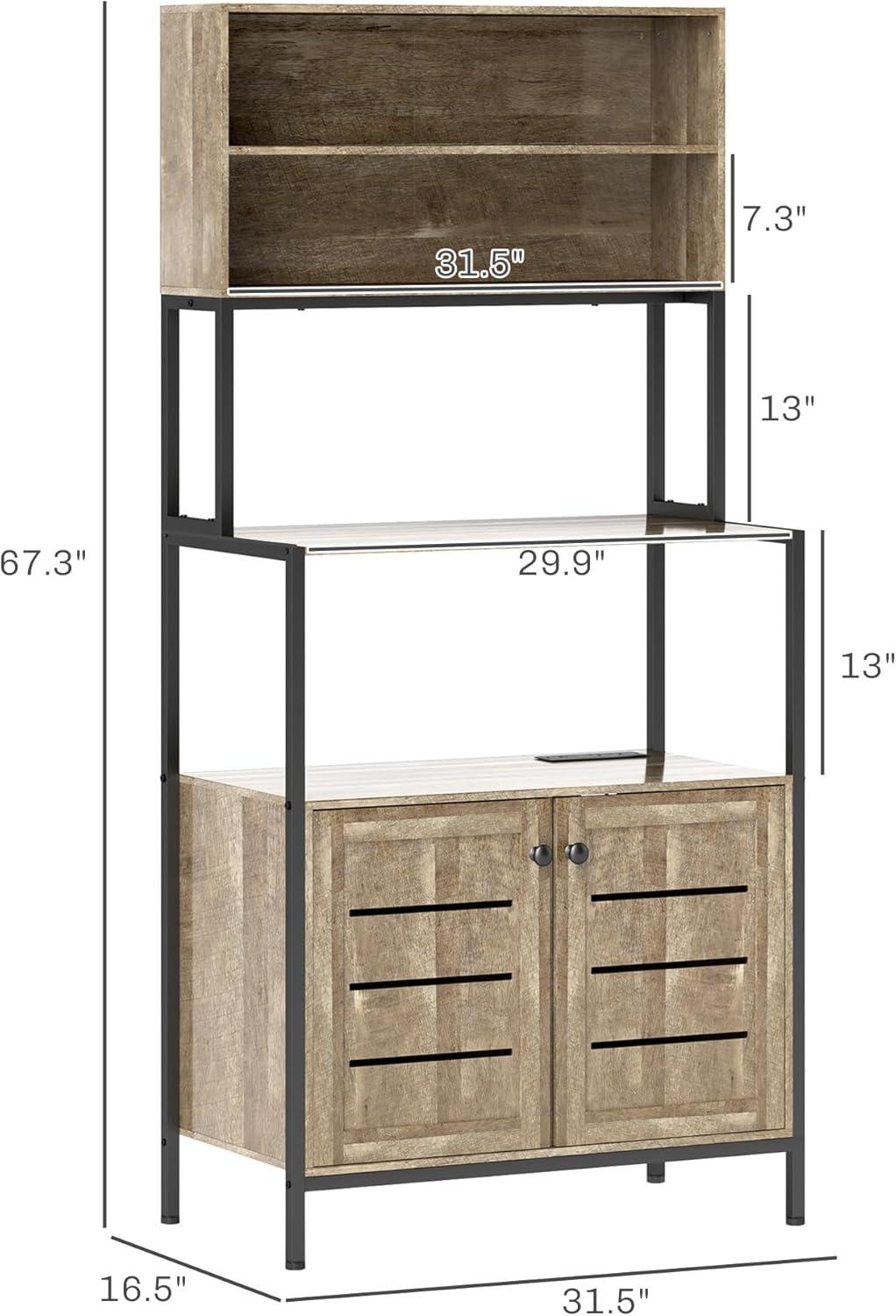 17 Stories Kitchen Bakers Rack With Power Outlet, Coffee Bar Cabinet With Storage Shelves, Microwave Stand With Louvred Door Cabinets
