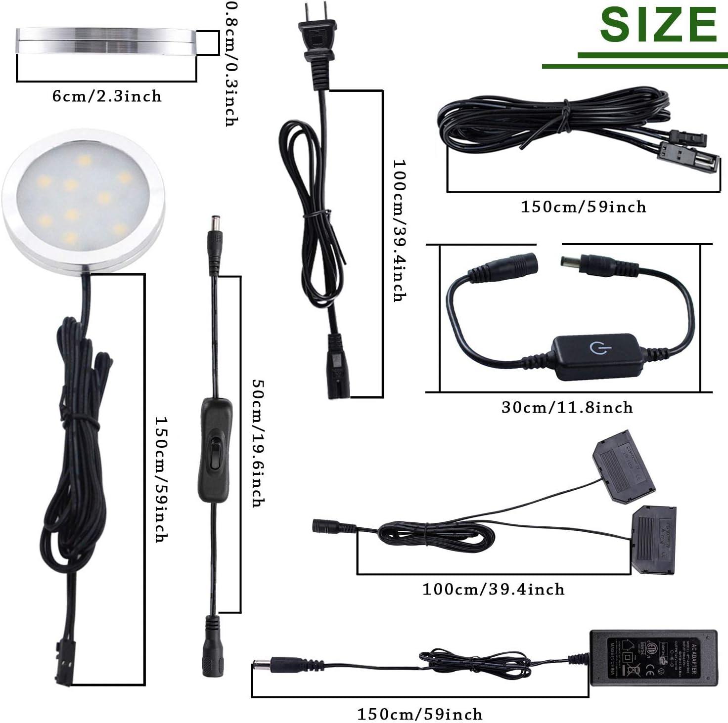 12V LED Under Cabinet Lighting Touch Dimming Puck Lights, Hardwired or Plug in with UL Listed Adapter, Updated Home Light, Accent Lights 24W (12 Lights Daylight White)