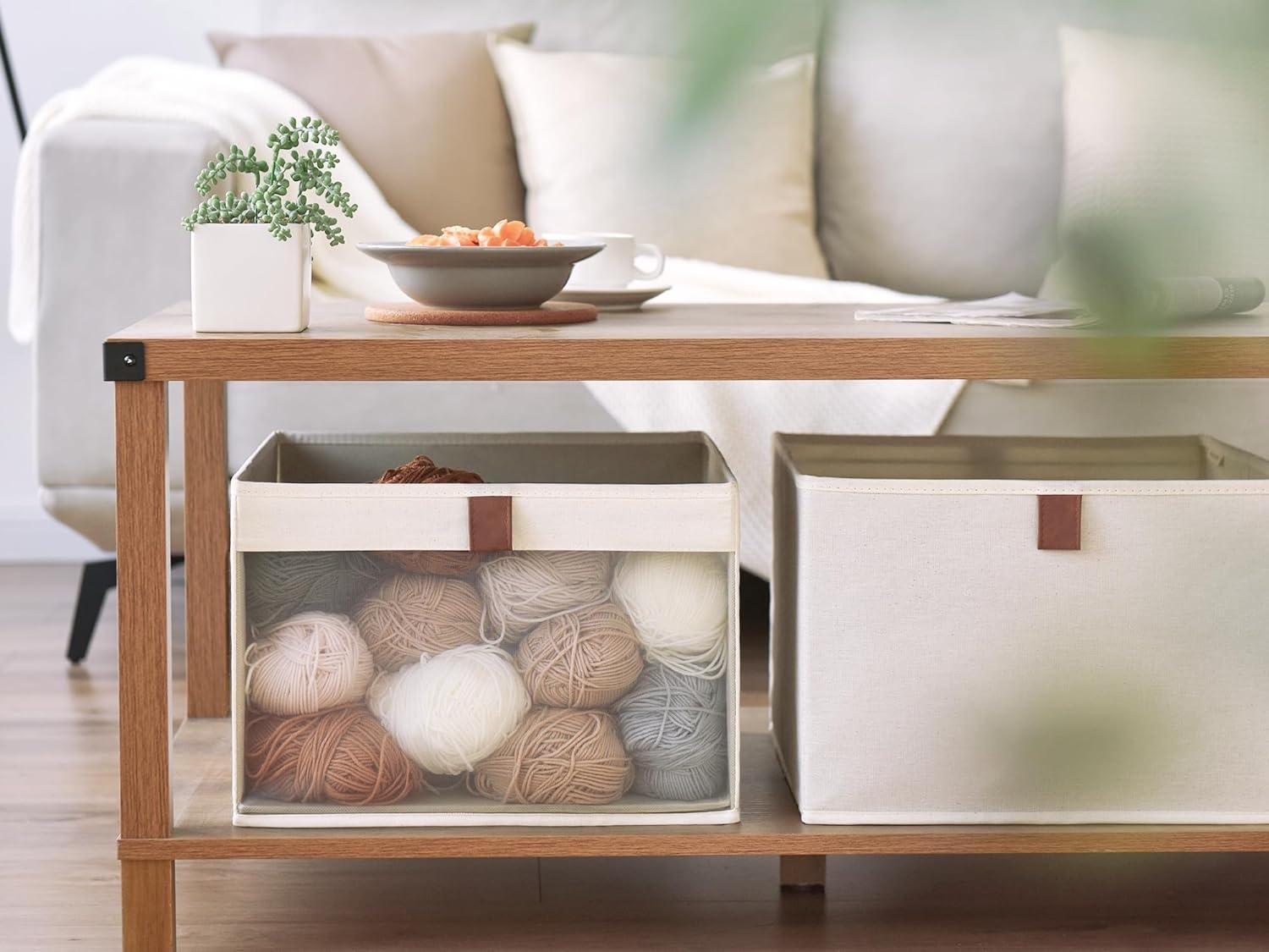 Closet Storage Bins with Clear Window and 2 Handles, Foldable Clothing Bins for Shelves, Large Fabric Organizer, Beige, 3 Pack