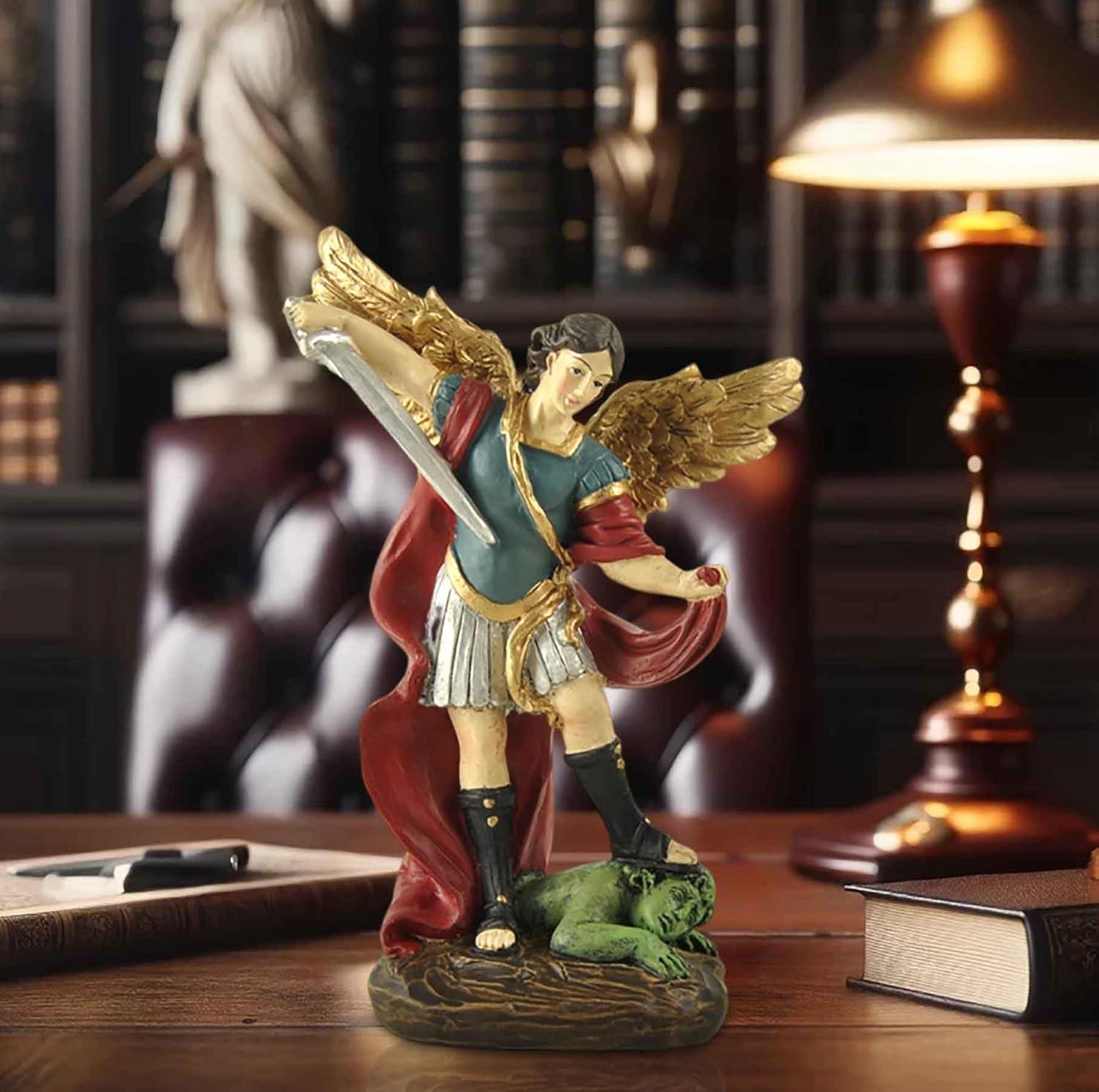 San Miguel Archangel Statue - Saint Michael Statue Miguel Archangel Statue Defeated Lucifer Tramples Demon Statue, Religious Collectible Angel Sculpture, 5.31 Inch