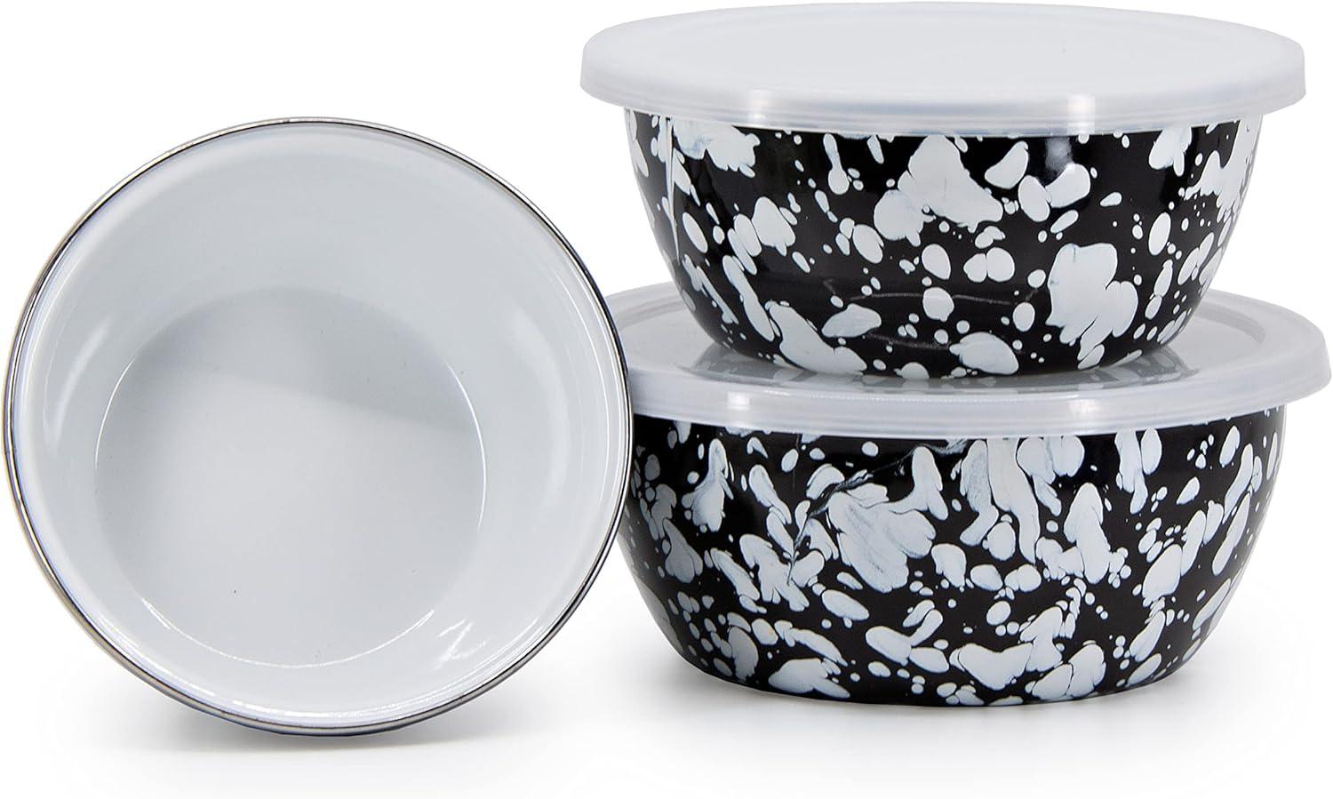 Black and White Ceramic Nesting Bowls with Lids, Set of 3