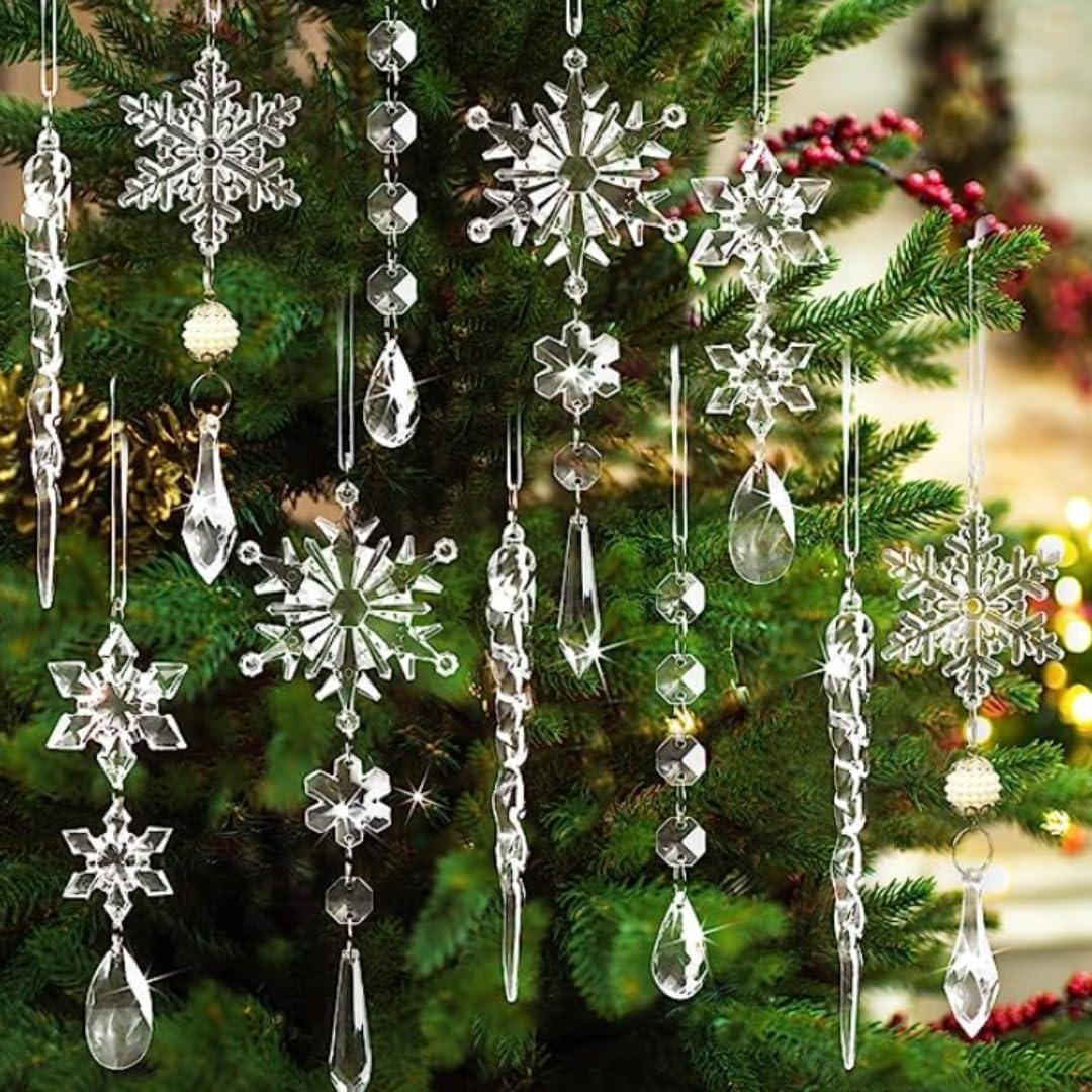 Crystal-Clear Acrylic Snowflake and Icicle Ornament Set, 18 Pieces