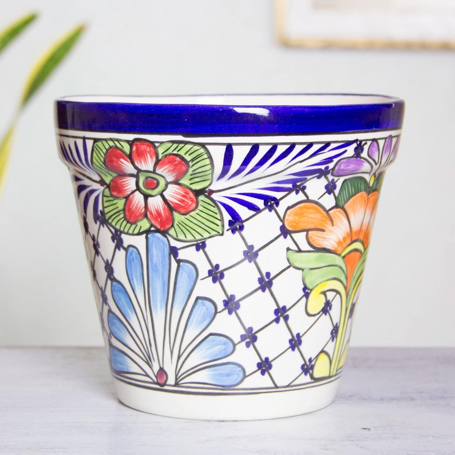 NOVICA Handmade Painted Flower Pot | Majolica Multicolor | Ceramic Home Decor | Artisan Crafted Draining Hole | Talavera Cone Planter | Pottery Folk Art | Mexico ' Wild Flowers' 7" H x 7.75" Diam.