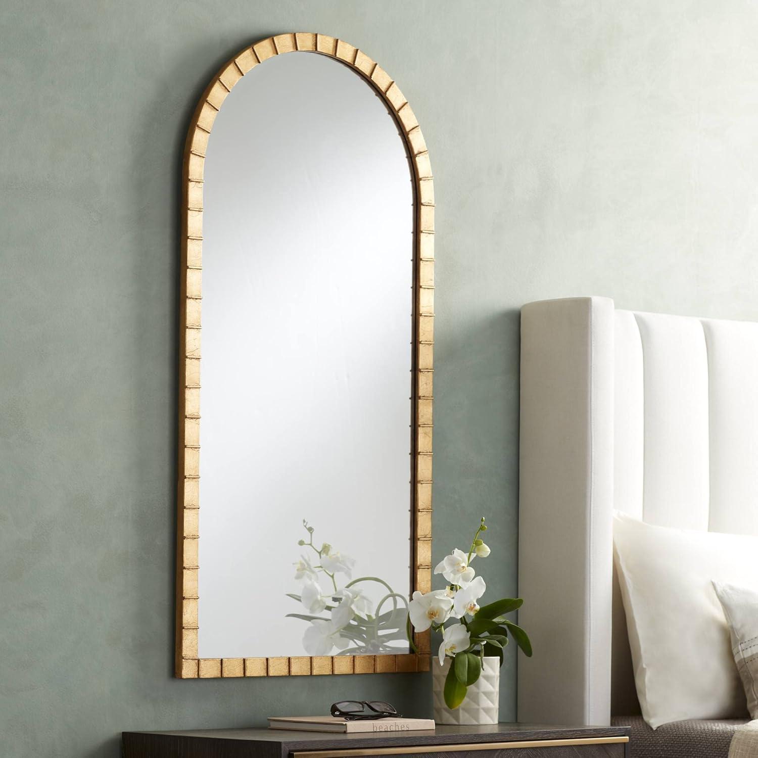 Matte Gold 53" Arched Wall Mirror with Ribbed Iron Frame