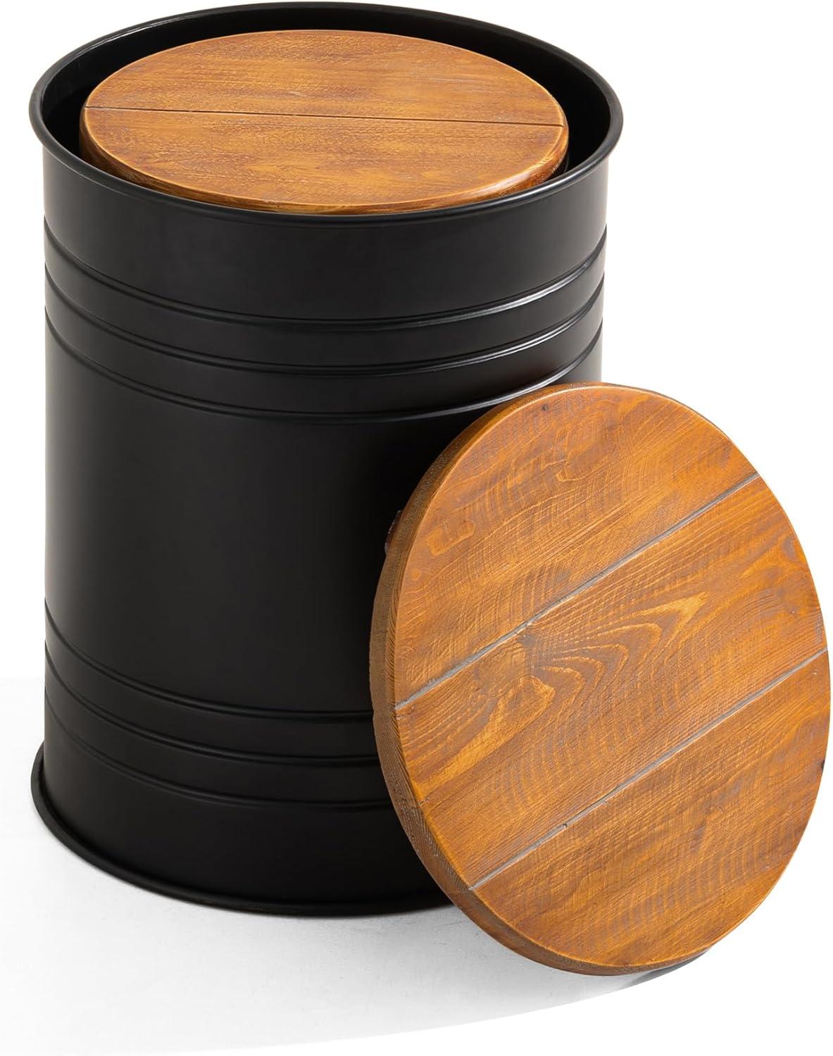 Rustic Storage Ottoman Seat Stool, Farmhouse Accent Side Table, Antique Galvanized Metal End Table Box Bin with Round Wooden Lid Set of 2 (Black)