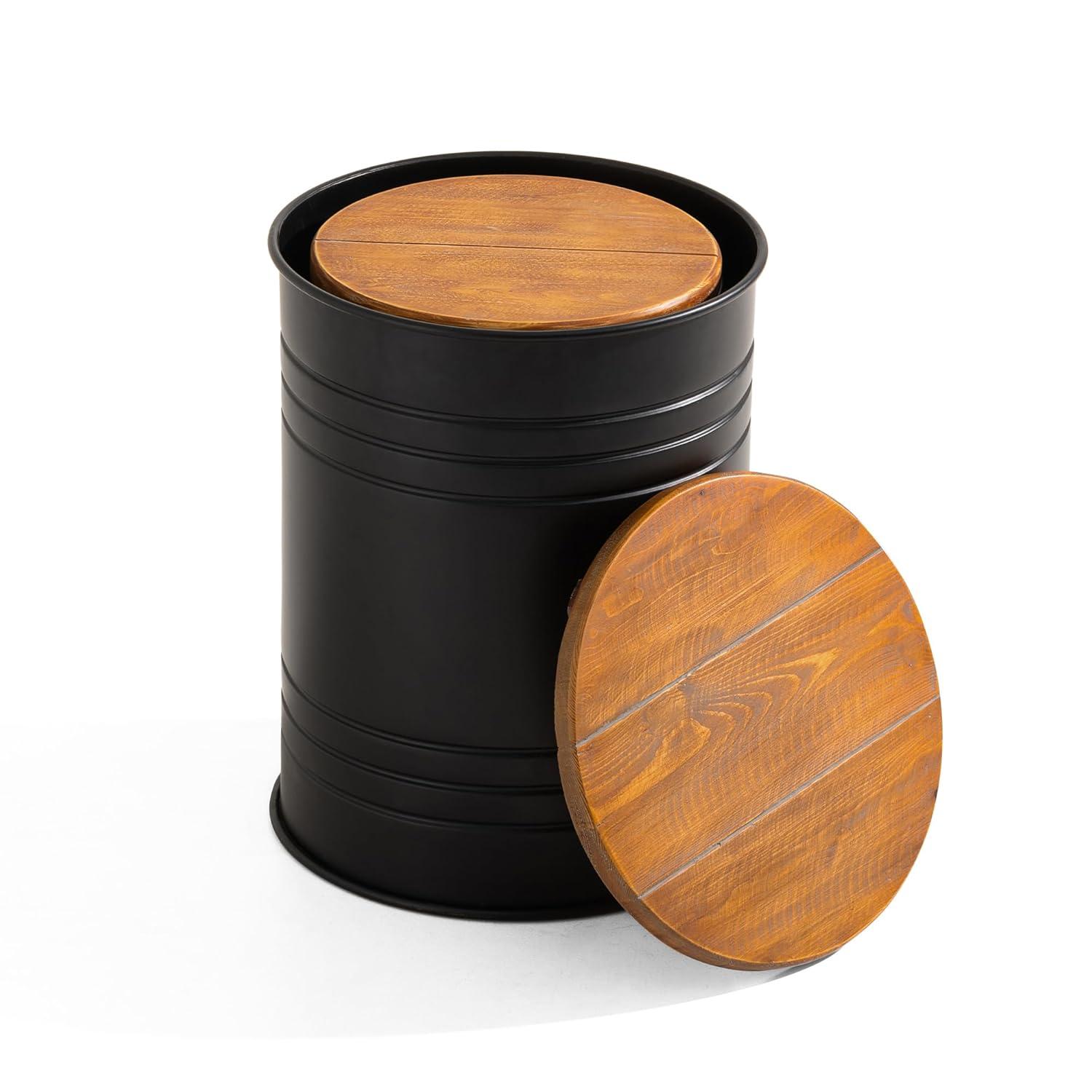 Rustic Storage Ottoman Seat Stool, Farmhouse Accent Side Table, Antique Galvanized Metal End Table Box Bin with Round Wooden Lid Set of 2 (Black)