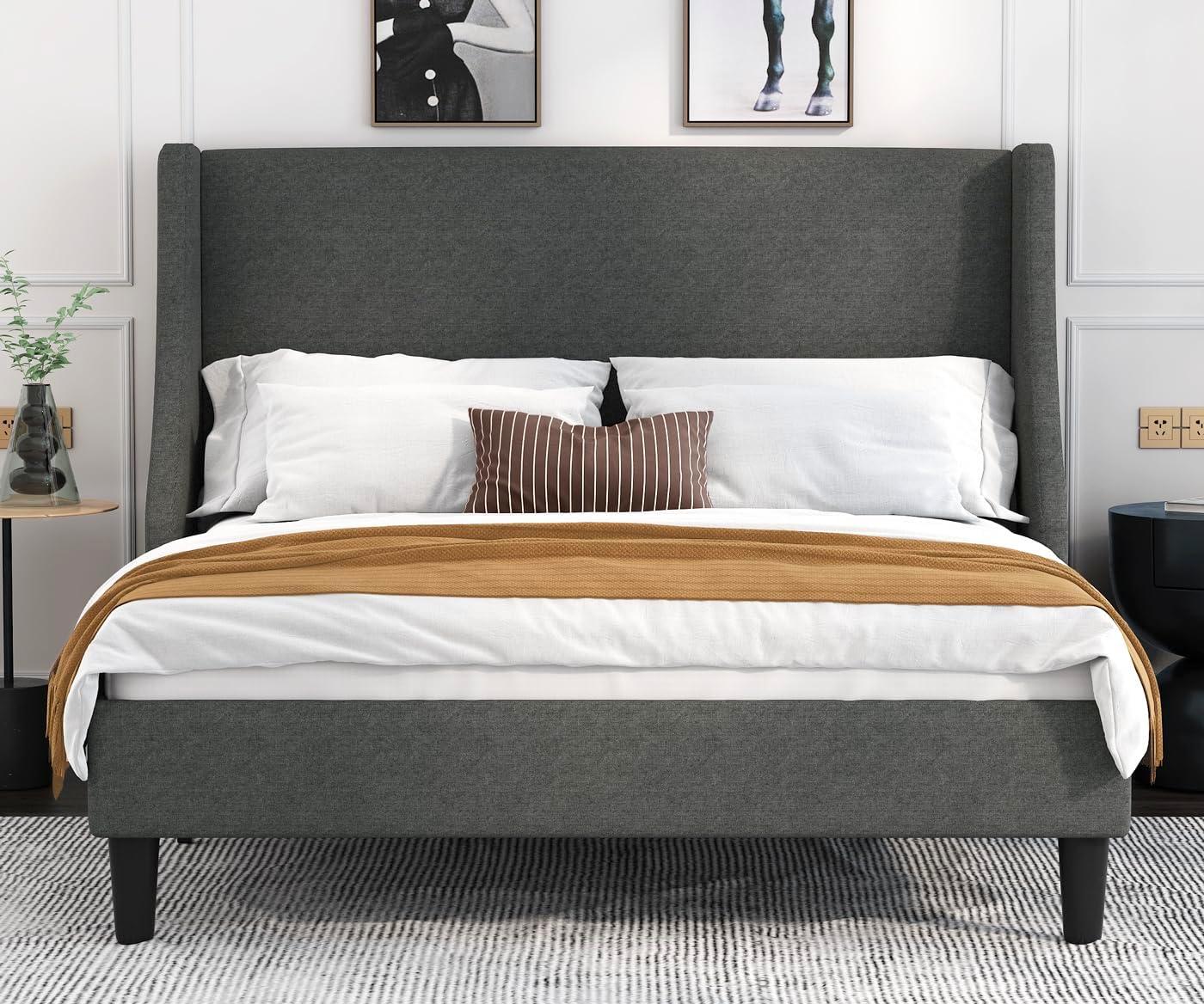 Allewie Base de Cama con Plataforma Tapizada en Tela de Tamaño Full con Cabecera con Respaldo Lateral, Gris Oscuro