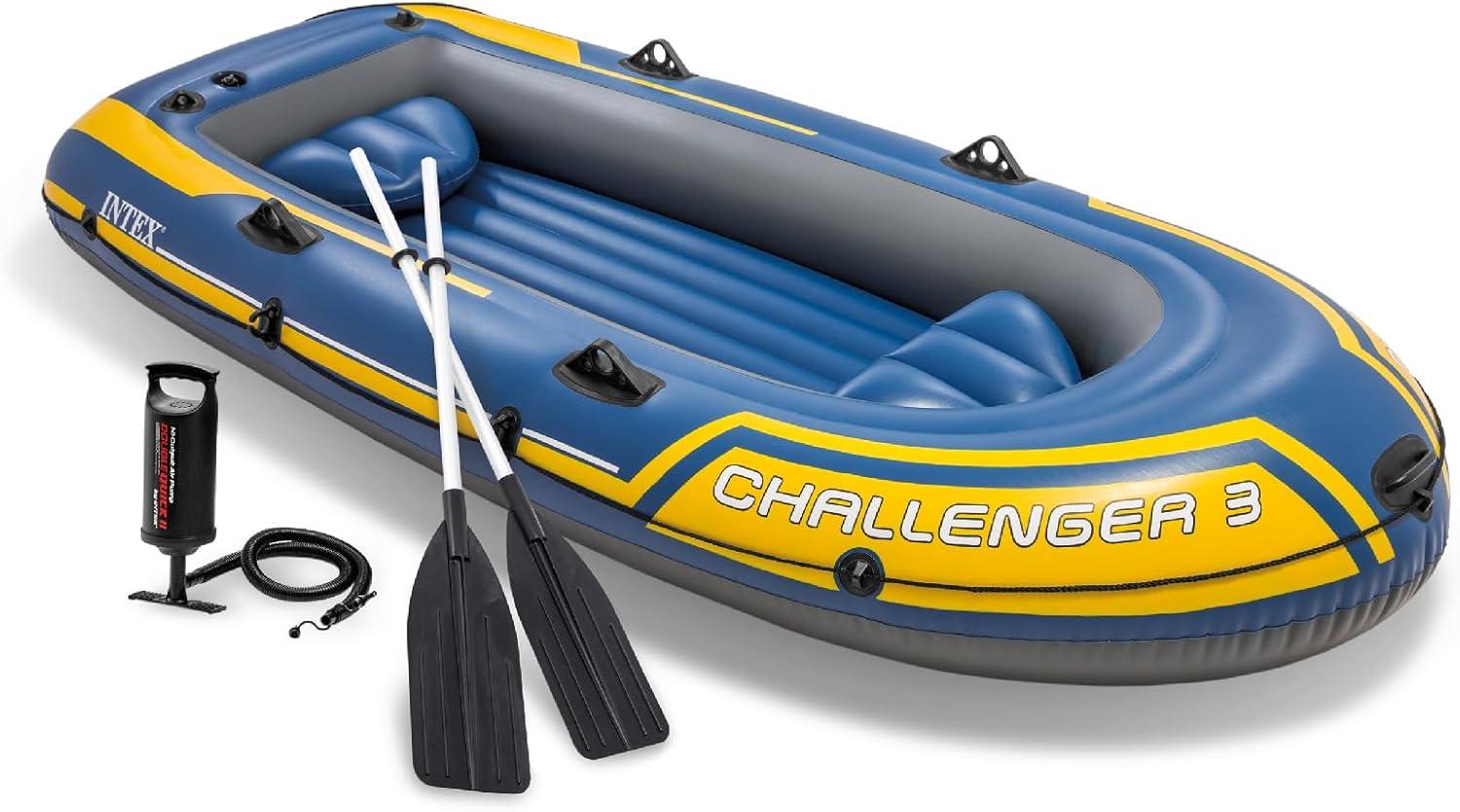 INTEX 68370EP Challenger 3 Inflatable Boat Set: Includes Deluxe 48in Boat Oars and Pump – Triple Air Chambers – 3-Person – 660lb Weight Capacity