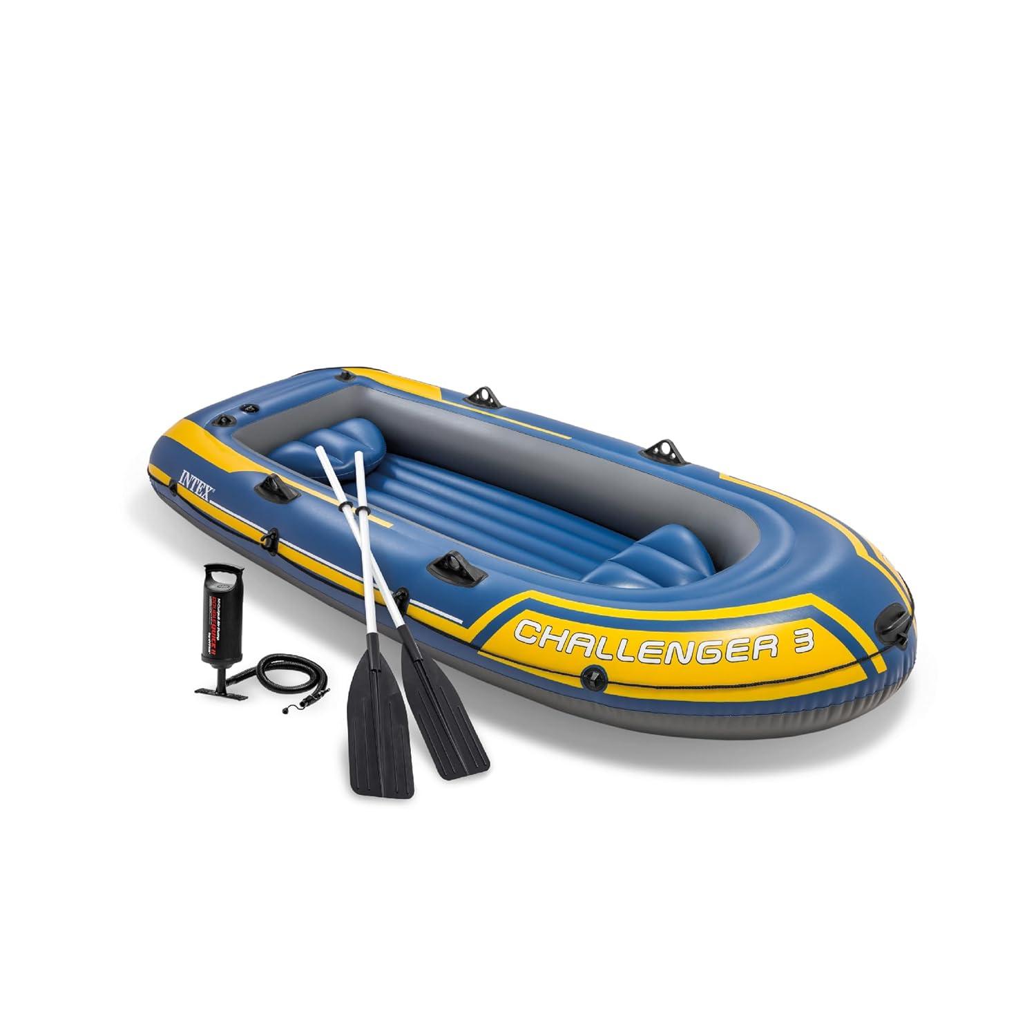 INTEX 68370EP Challenger 3 Inflatable Boat Set: Includes Deluxe 48in Boat Oars and Pump – Triple Air Chambers – 3-Person – 660lb Weight Capacity