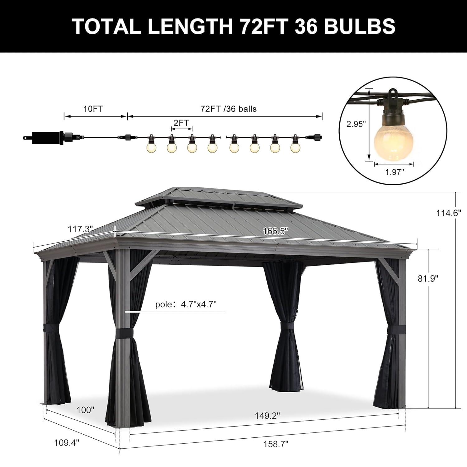 PURPLE LEAF 10' x 14' Hardtop Gazebo with String Lights Galvanized Steel Double Roof Gazebo with Aluminum Frames Outdoor Large Pavilion Gazebos for Patio Deck Garden, Light Grey