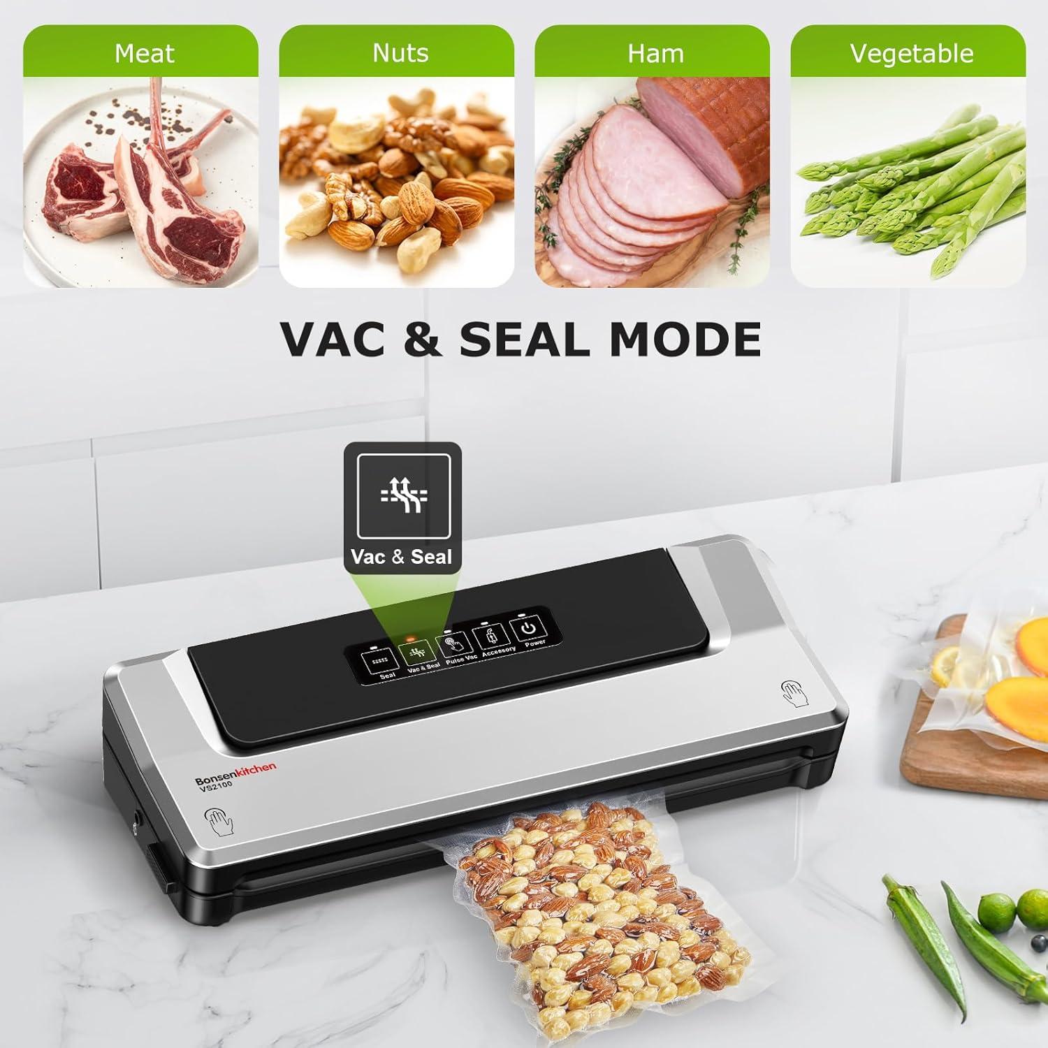 Bonsenkitchen Multi-Functional Food Vacuum Sealer with Globefish Technology for High-Speed Continuous Working, Vacuum Bags & Accessory Hose, Black