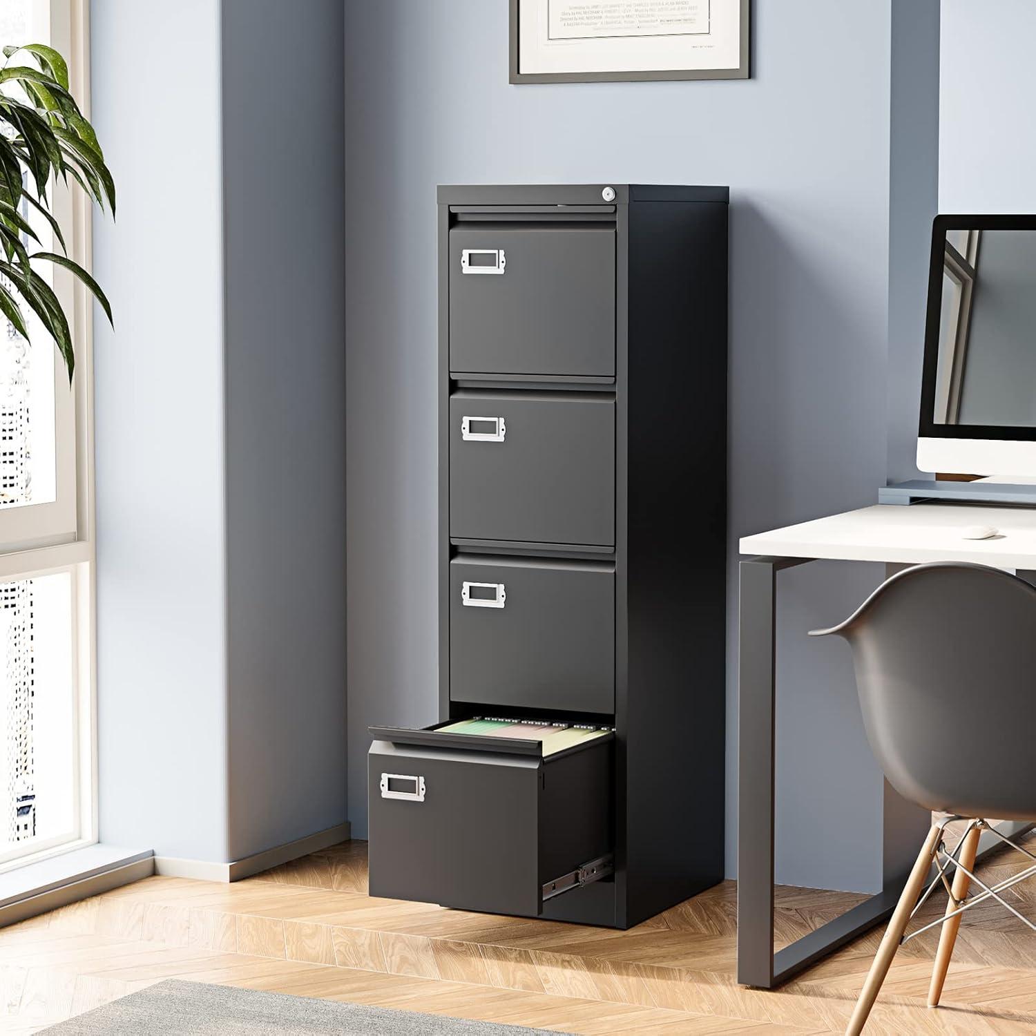 Black Metal Vertical 4-Drawer Lockable File Cabinet